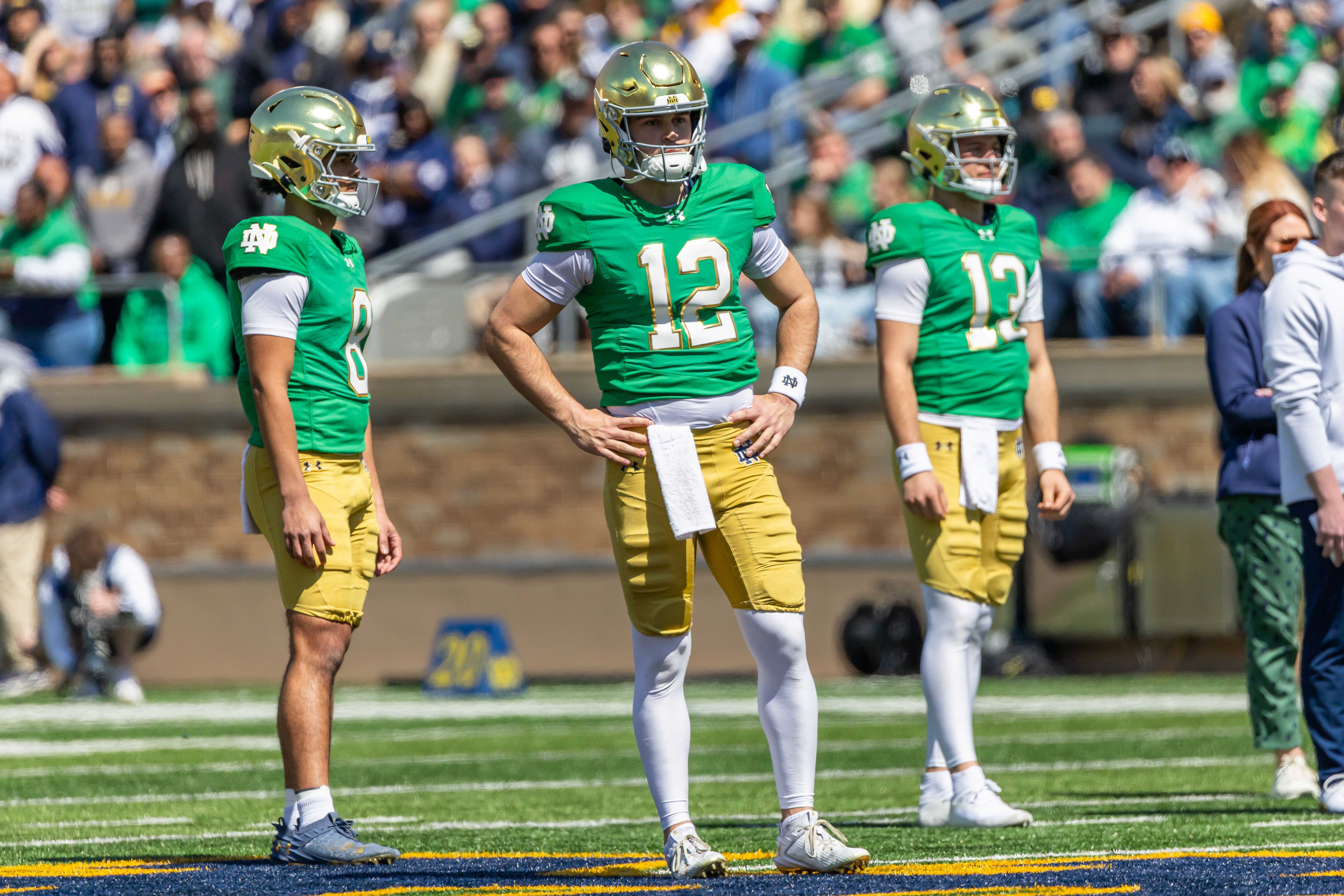 Apr 12, 2025; Notre Dame, IN, USA; Notre Dame Fighting Irish quarterback Kenny Minchey (8), Notre Dame Fighting Irish quarterback Blake Hebert (12), Notre Dame Fighting Irish quarterback CJ Carr (13) watch during the Blue-Gold game at Notre Dame Stadium. Mandatory Credit: Michael Caterina-Imagn Images
