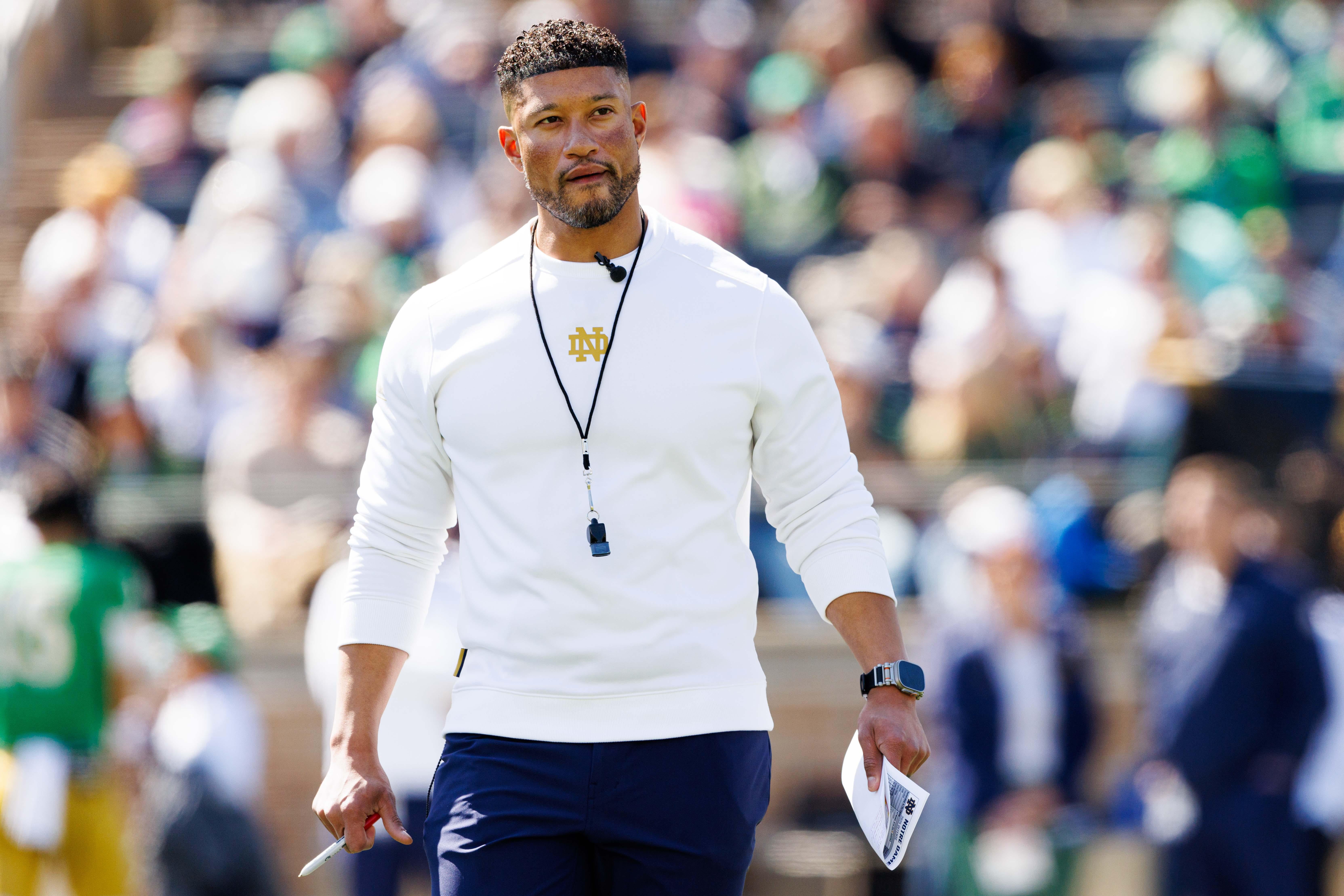 Notre Dame head coach Marcus Freeman during the Notre Dame Blue-Gold spring football game at Notre Dame Stadium on Saturday, April 12, 2025, in South Bend.