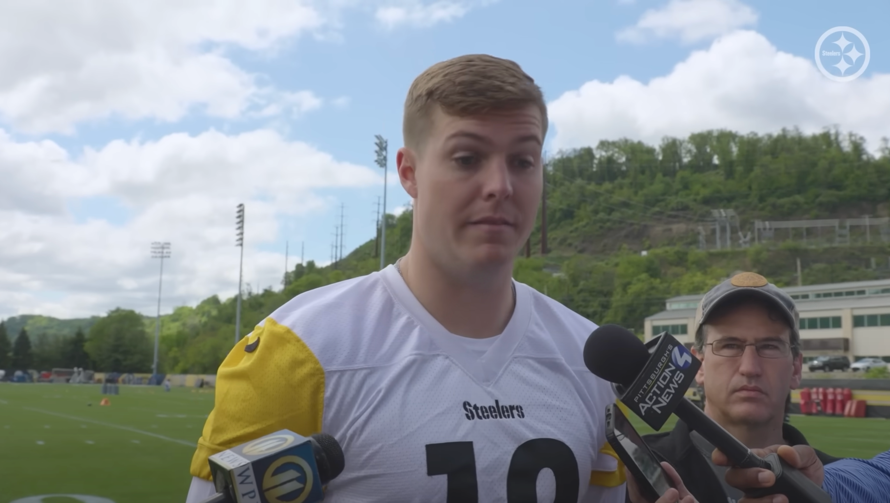 Pittsburgh Steelers rookie quarterback Will Howard addresses the media at rookie minicamp at the Pittsburgh Steelers facility, 5/10/25.