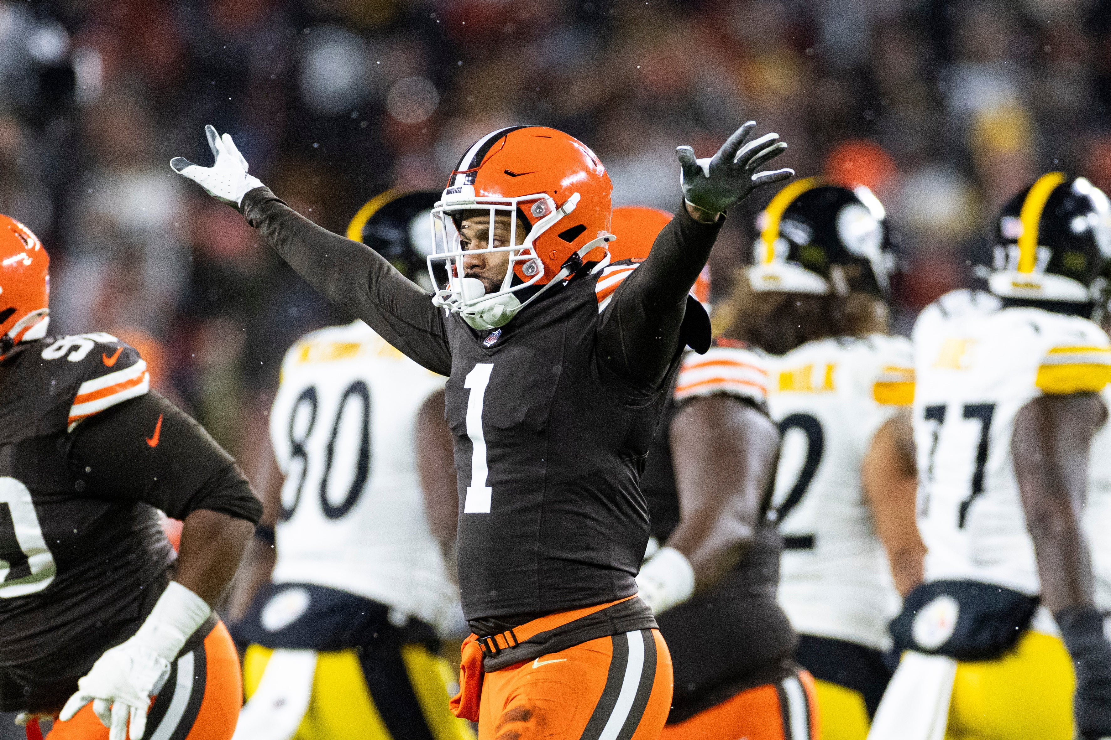 Nov 21, 2024; Cleveland, Ohio, USA; Cleveland Browns safety Juan Thornhill (1) celebrates a missed field goal by the Pittsburgh Steelers during the first quarter at Huntington Bank Field Stadium.
