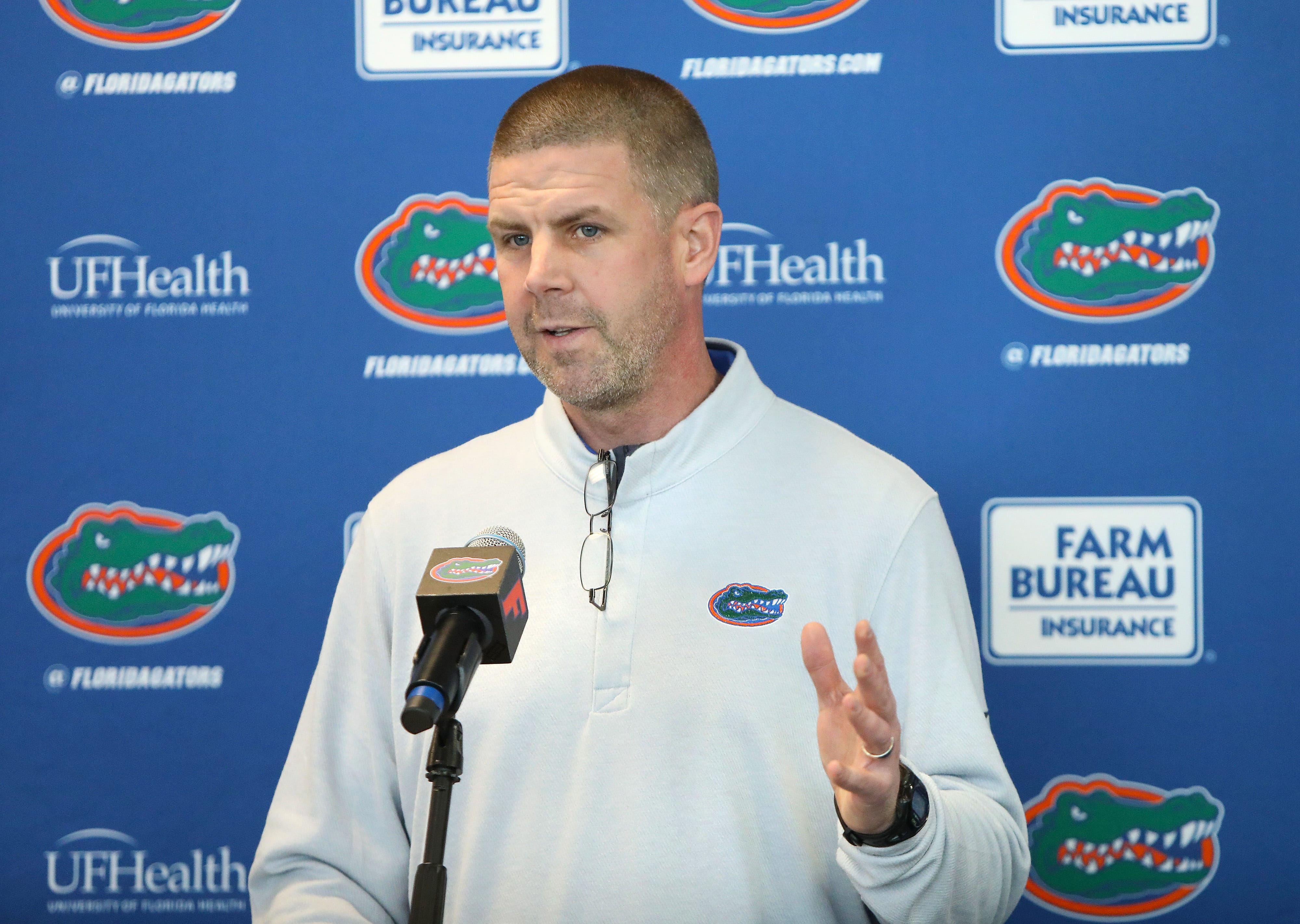 Florida Gators head football coach Billy Napier talks with the media during a weekly press conference at Ben Hill Griffin Stadium, in Gainesville, Feb. 11, 2022. Napier was asked about coaching hires, recruiting, his team preparation plans and also mentioned the Gators will begin Spring practice March 15.