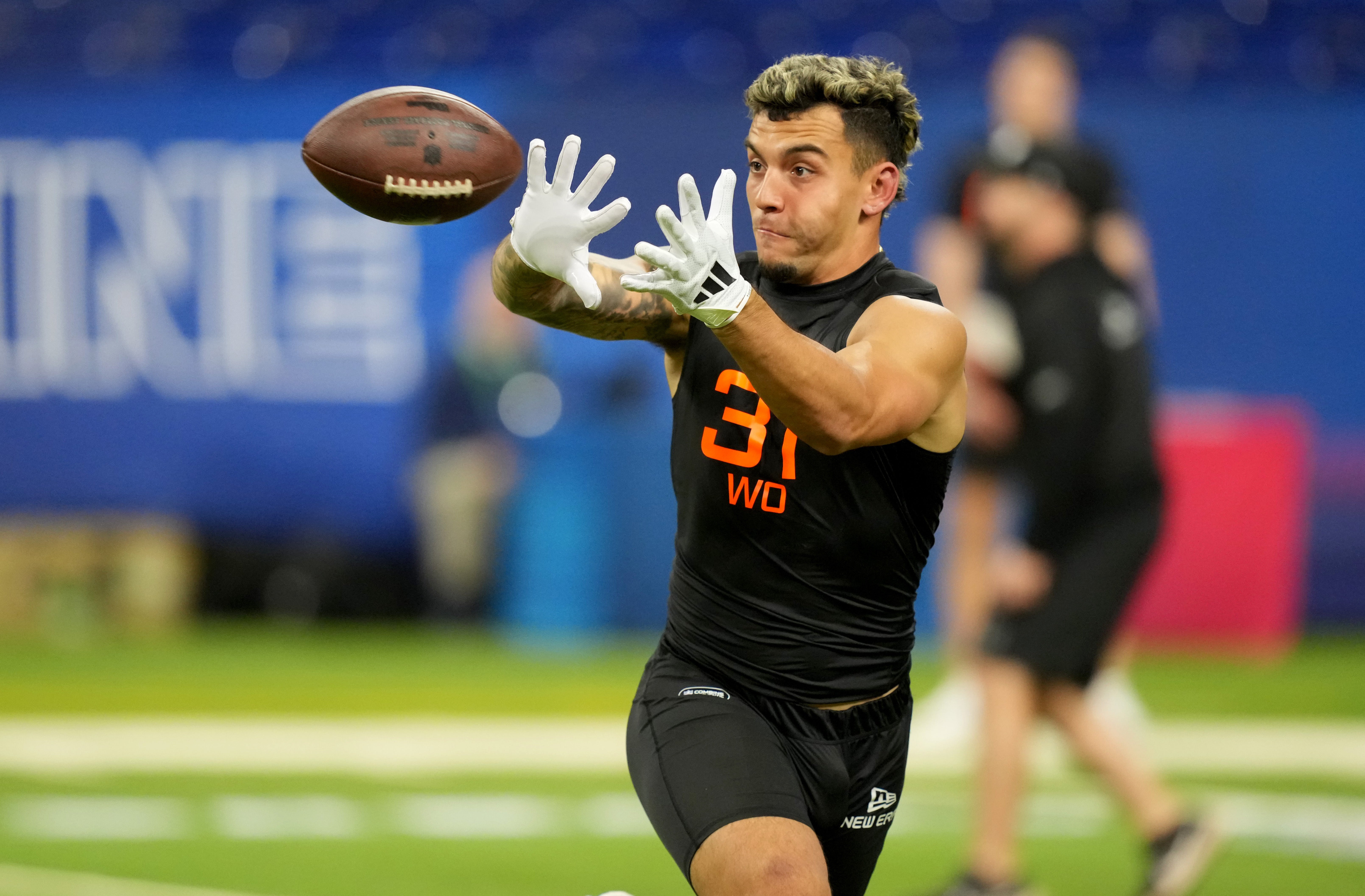 Mar 1, 2025; Indianapolis, IN, USA; Miami wideout Xavier Restrepo (WO37) during the 2025 NFL Combine at Lucas Oil Stadium. Mandatory Credit: Kirby Lee-Imagn Images