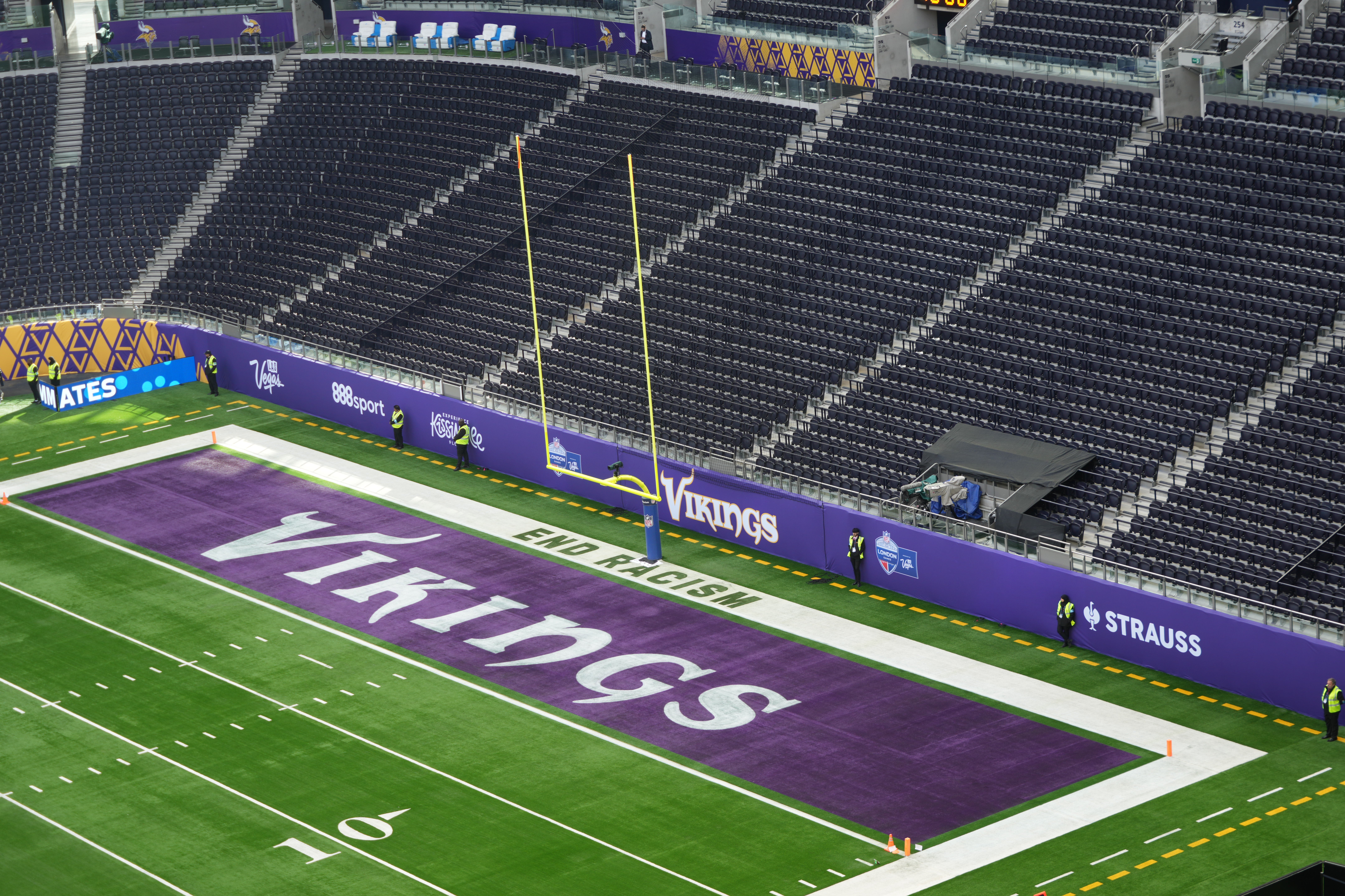 Oct 6, 2024; London, United Kingdom; The Minnesota Vikings logo in the end zone at Tottenham Hotspur Stadium.