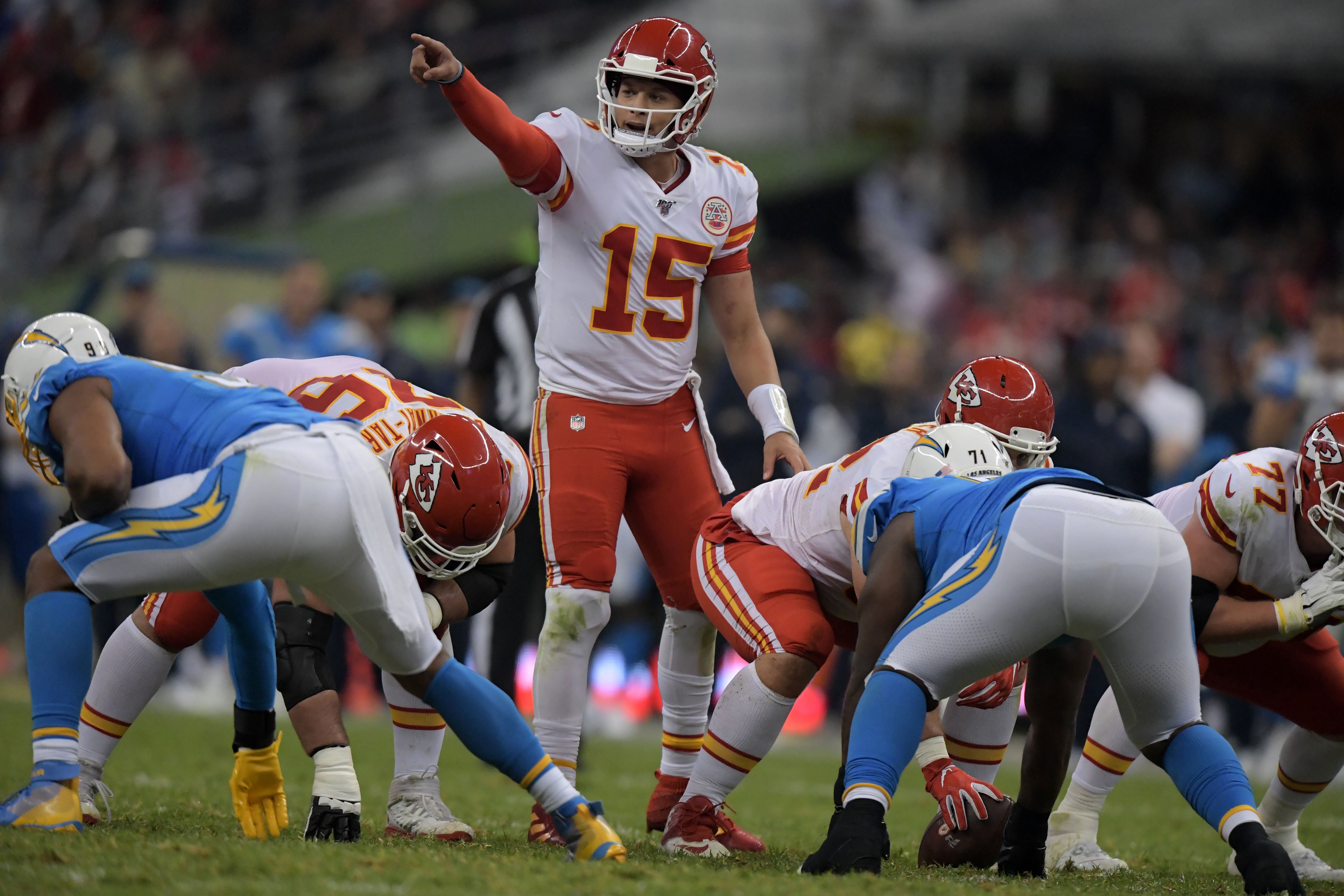 Nov 18, 2019; Mexico City, MEX; Kansas City Chiefs quarterback Patrick Mahomes (15) gestures in the second half against the Los Angeles Chargersduring an NFL International Series game at Estadio Azteca. The Chiefs defeated the Chargers 24-17.