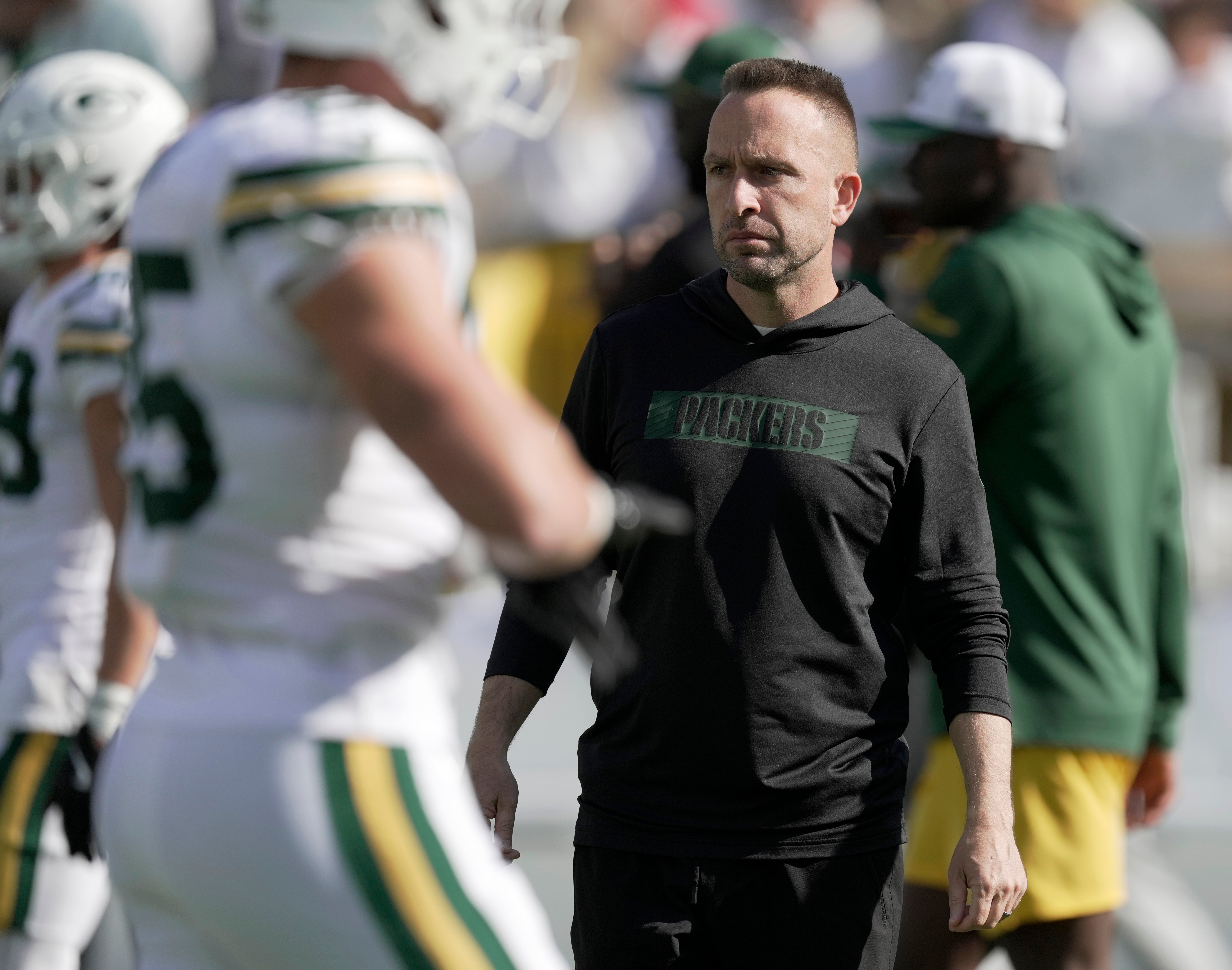 Green Bay Packers defensive coordinator Jeff Hafley is shown before their game against the Houston Texans at Lambeau Field.