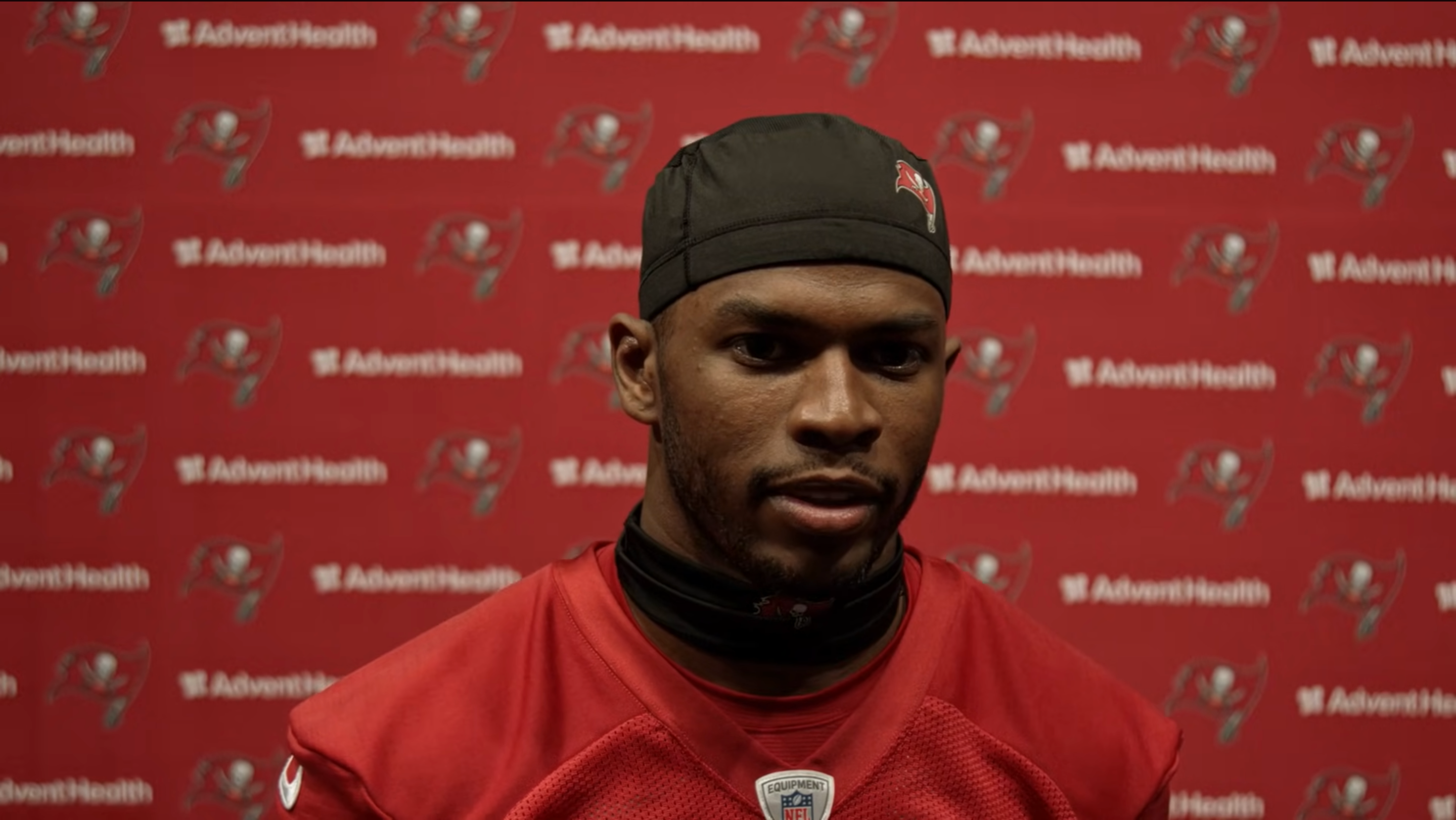 Shilo Sanders speaks with reporters during Tampa Bay Bucs rookie minicamp.