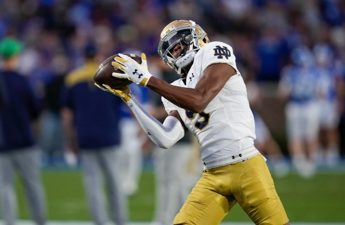 Sep 30, 2023; Durham, North Carolina, USA; Notre Dame Fighting Irish wide receiver Tobias Merriweather (5) makes a catch during the first quarter against the Duke Blue Devils at Wallace Wade Stadium. Mandatory Credit: Jim Dedmon-Imagn Images