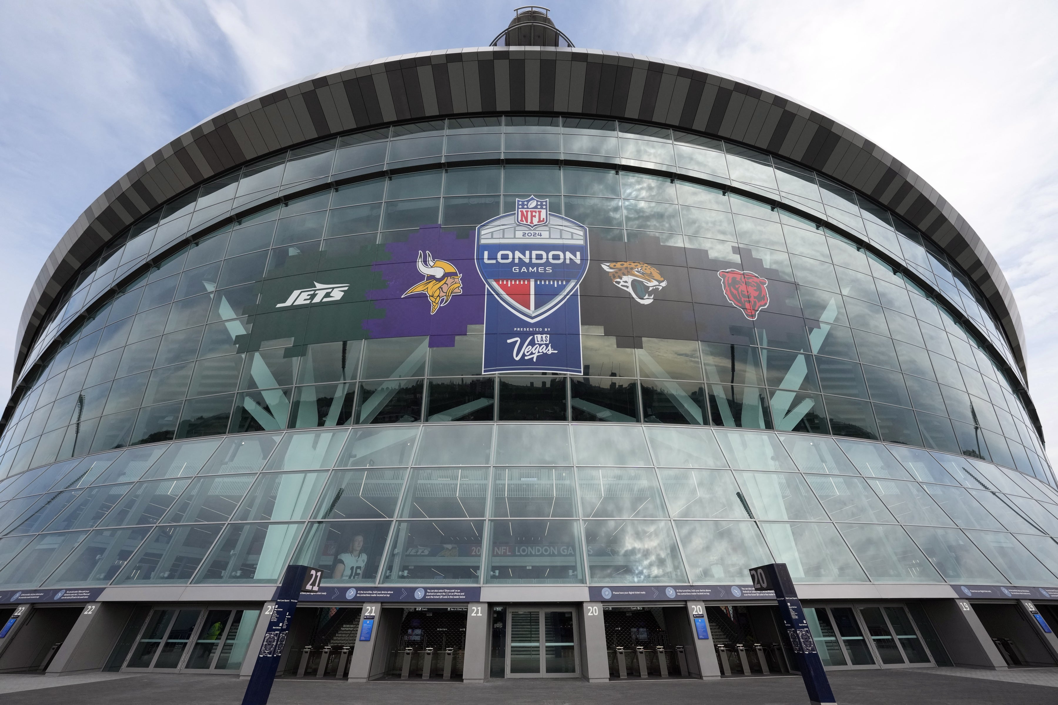 Oct 13, 2024; London, United Kingdom; The 2024 NFL London Games, New York Jets, Minnesota Vikings, Jacksonville Jaguars and Chicago Bears logo on the facade at an NFL International Series game at Tottenham Hotspur Stadium.