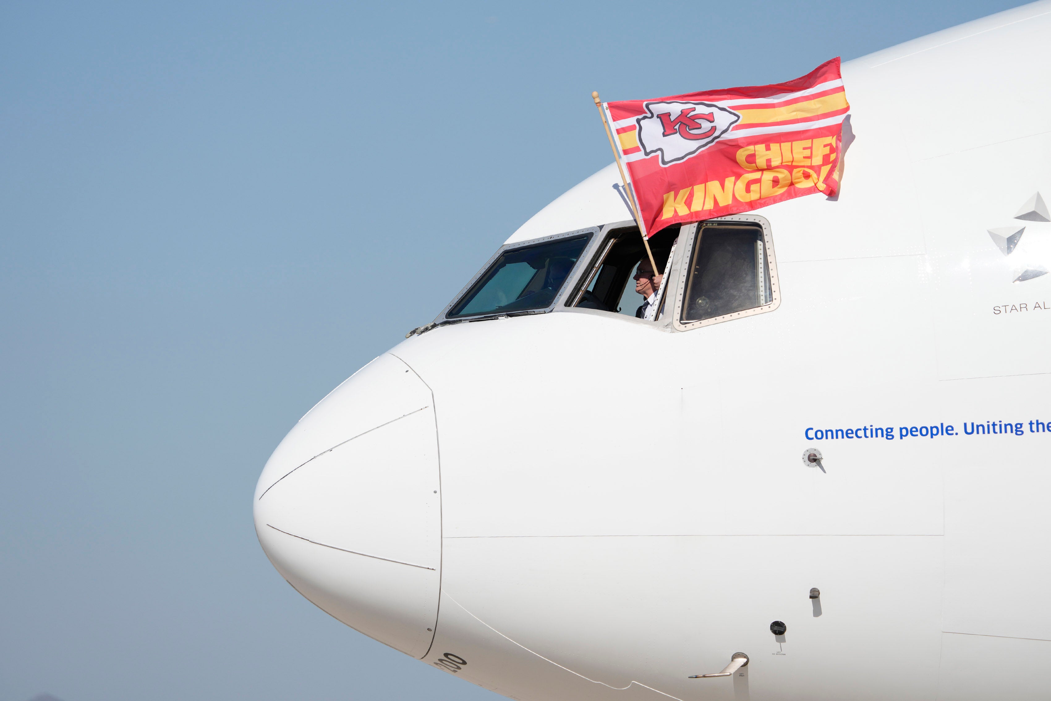 Feb 5, 2023; Phoenix, AZ, USA; Kansas City Chiefs charter plane arrives at Goldwater Air National Guard Base.