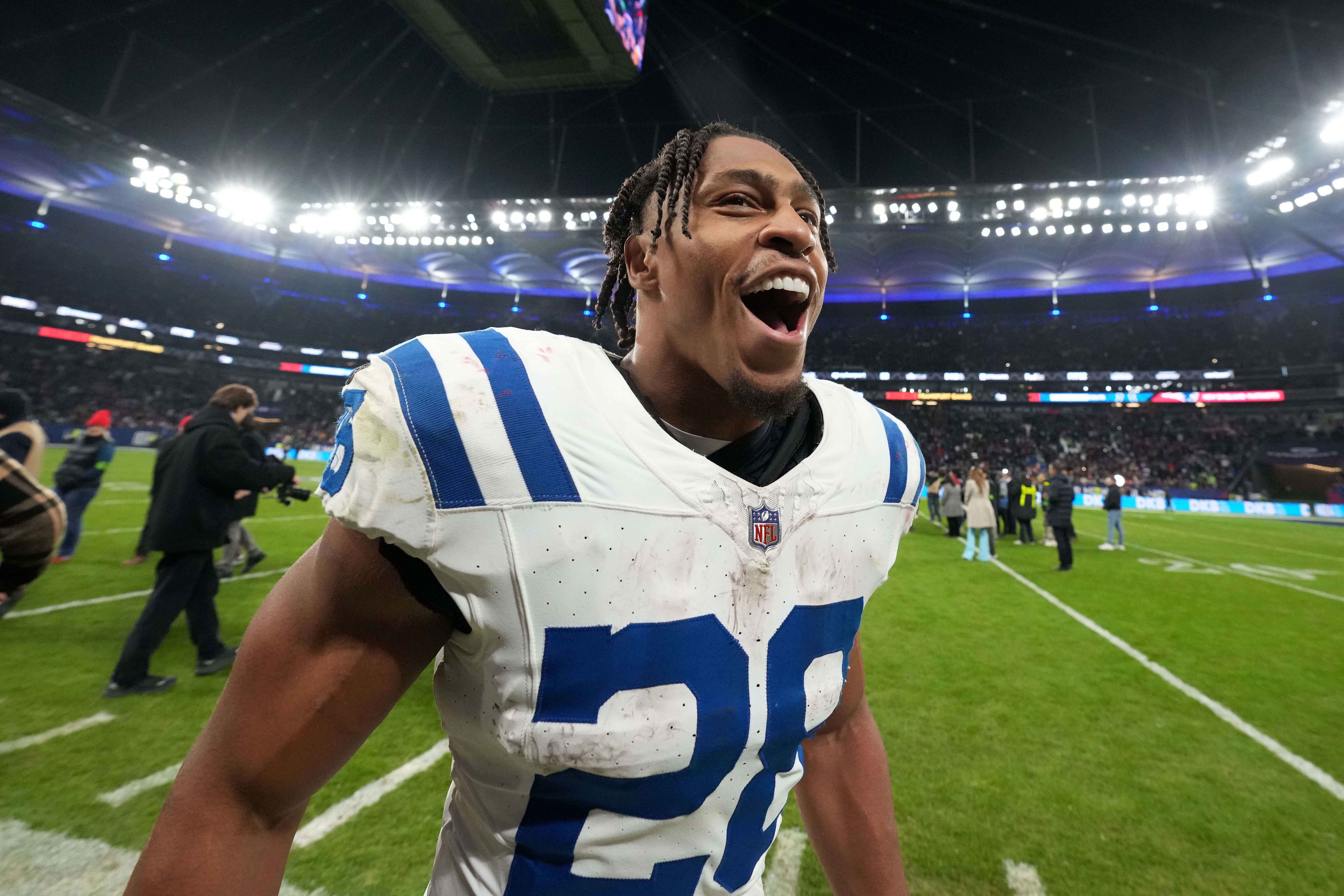 Nov 12, 2023; Frankfurt, Germany; Indianapolis Colts running back Jonathan Taylor (28) celebrates after an NFL International Series game against the New England Patriots at Deutsche Bank Park.