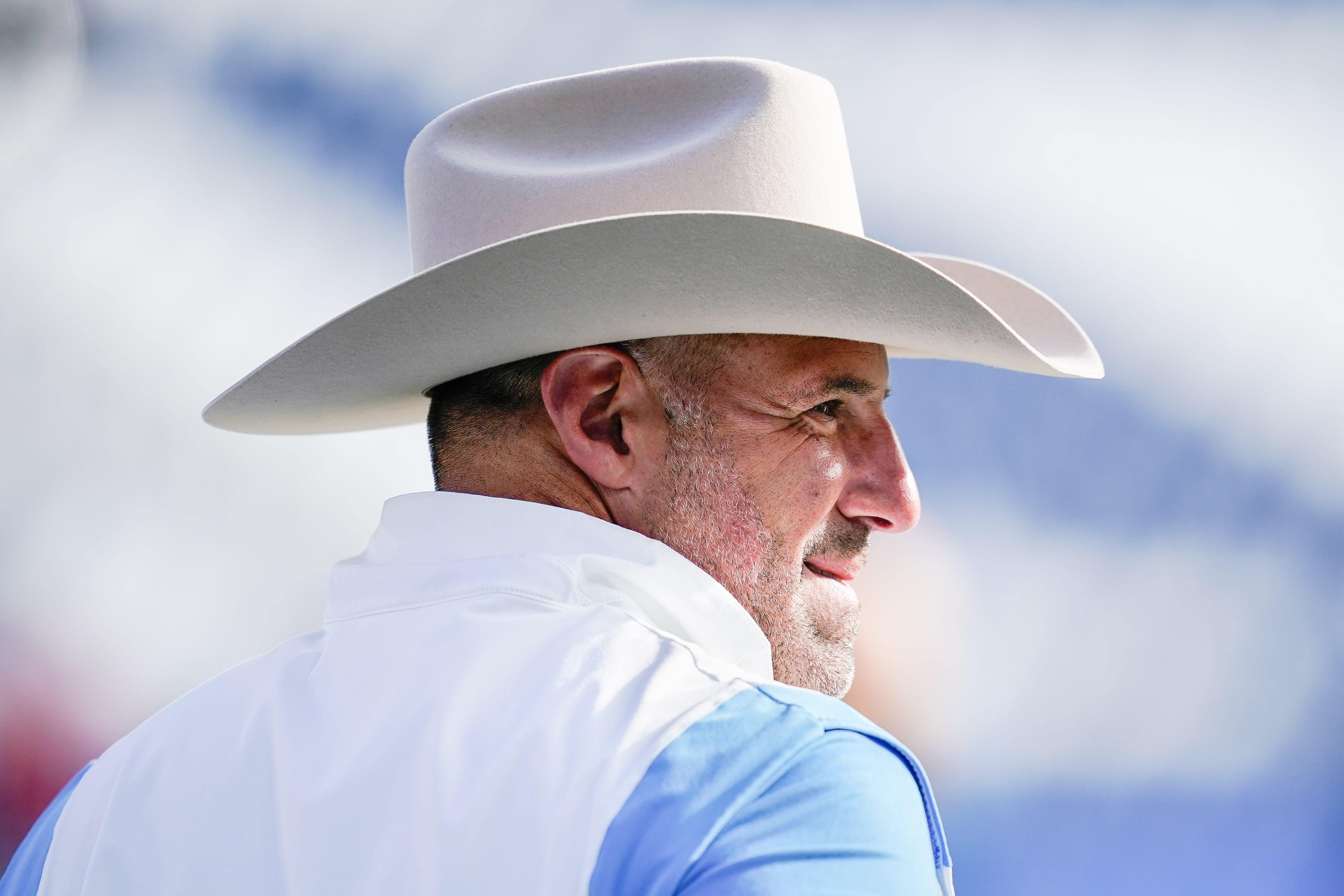 Tennessee Titans head coach Mike Vrabel watches his team warm up before a game against the against the Houston Texans at Nissan Stadium in Nashville, Tenn., Sunday, Dec. 17, 2023.