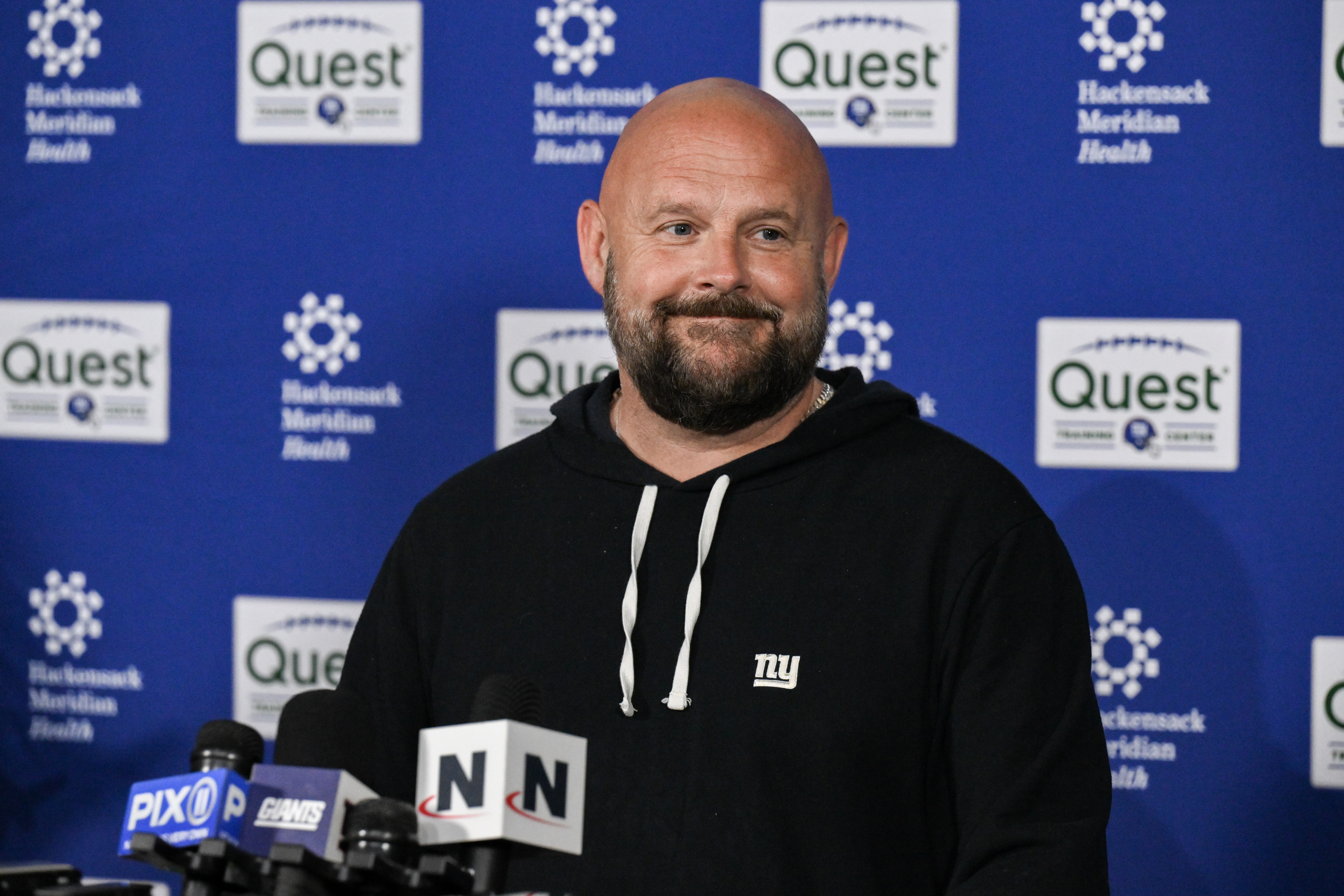 May 9, 2025; East Rutherford, NJ, USA; New York Giants head coach Brian Daboll speaks at a press conference prior to rookie minicamp at Quest Diagnostics Training Center.