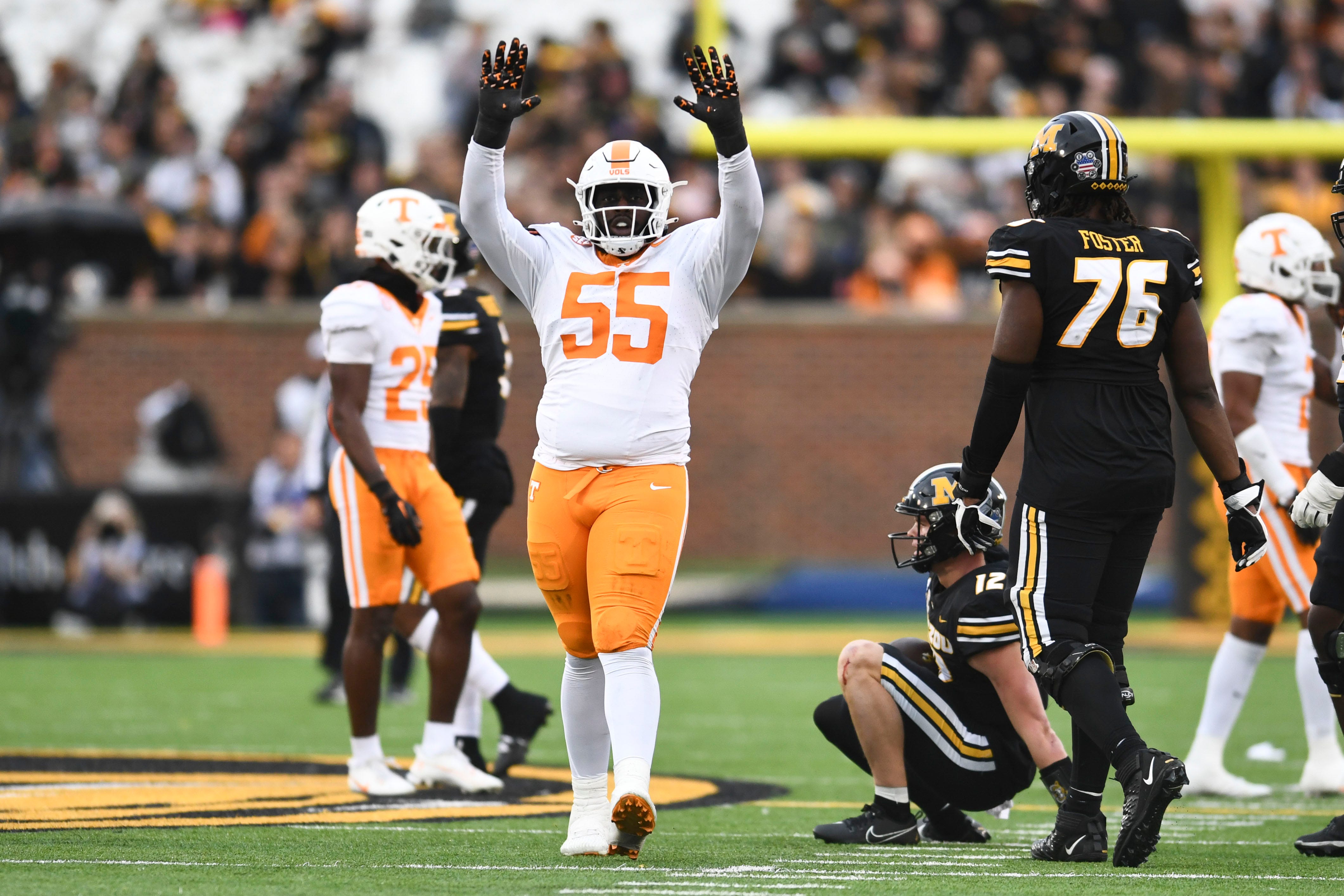 Tennessee defensive lineman Omarr Norman-Lott (55) celebrating after tackling Missouri quarterback Brady Cook (12) during an NCAA college football game on Saturday, November 11, 2023 in Columbia, MO.