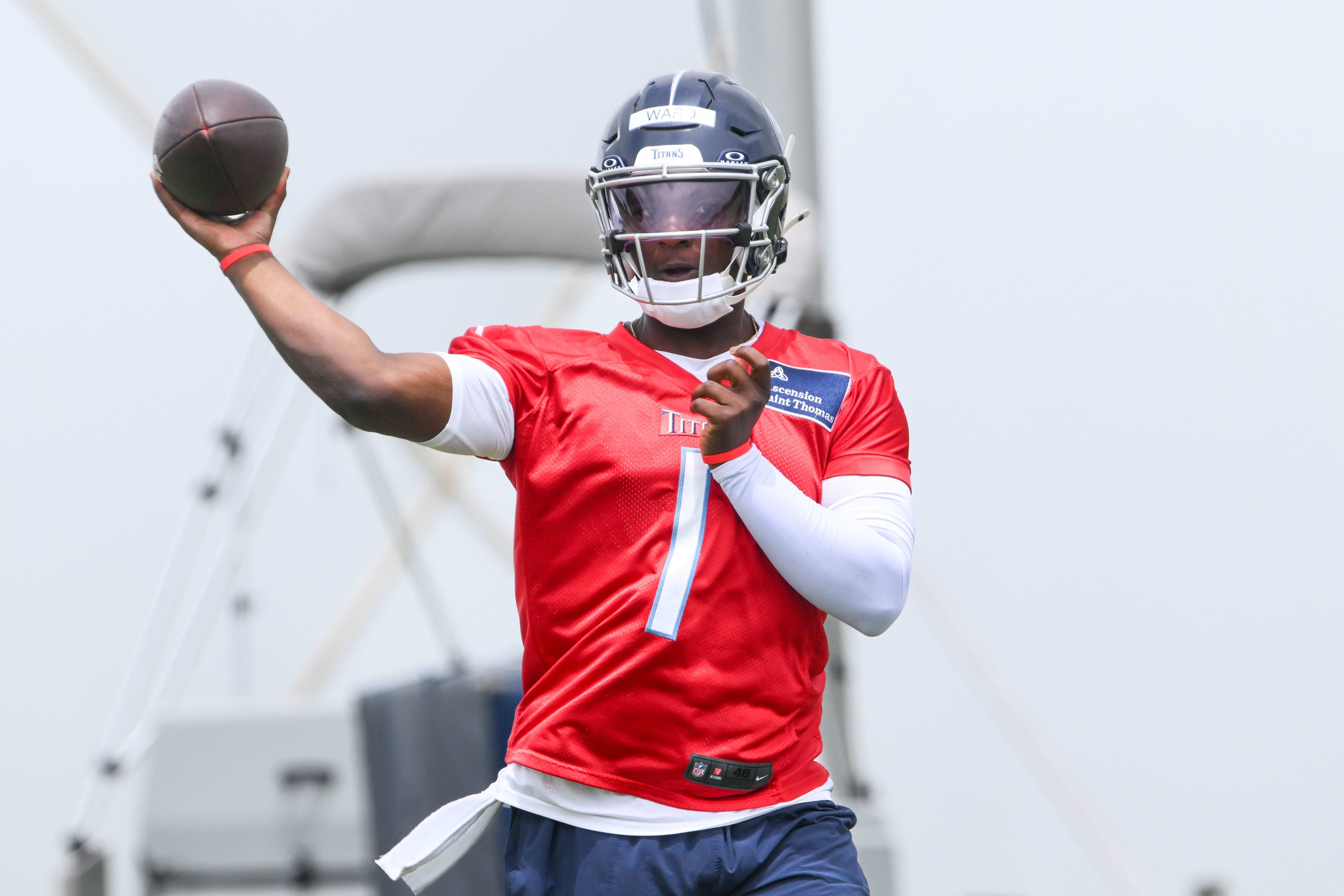 May 10, 2025; Nashville, TN, USA; Tennessee Titans quarterback Cam Ward (1) throws a pass as he goes through throwing drills during Rookie Mini Camp at Saint Thomas Sports Park. Mandatory Credit: Steve Roberts-Imagn Images