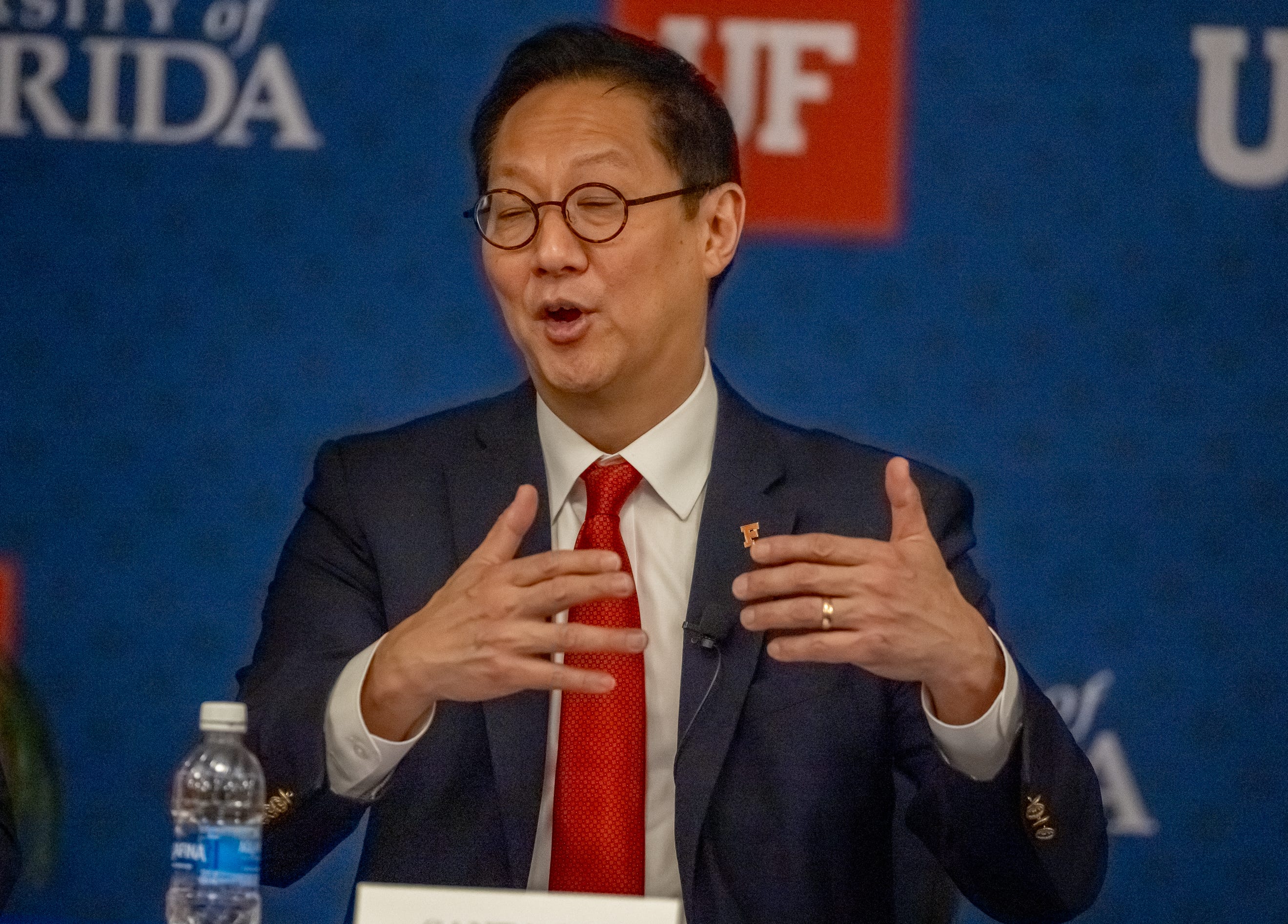Santa Ono, current present of the University of Michigan and the sole finalist for the same position at the University of Florida, talks during forum on May 6, 2025, at Emerson Alumni Hall in Gainesville.