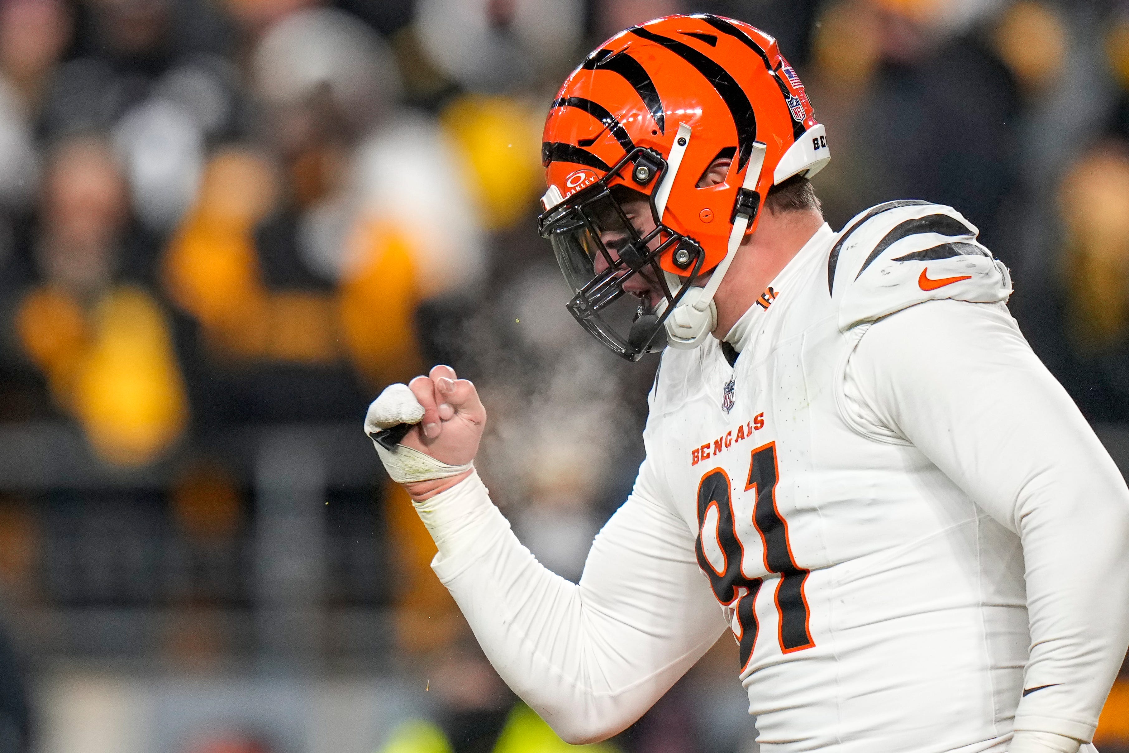 Cincinnati Bengals defensive end Trey Hendrickson (91) celebrates as the Steelers prepare to punt in the fourth quarter of the NFL Week 18 game between the Pittsburgh Steelers and the Cincinnati Bengals at Acrisure Stadium in Pittsburgh on Saturday, Jan. 4, 2025.