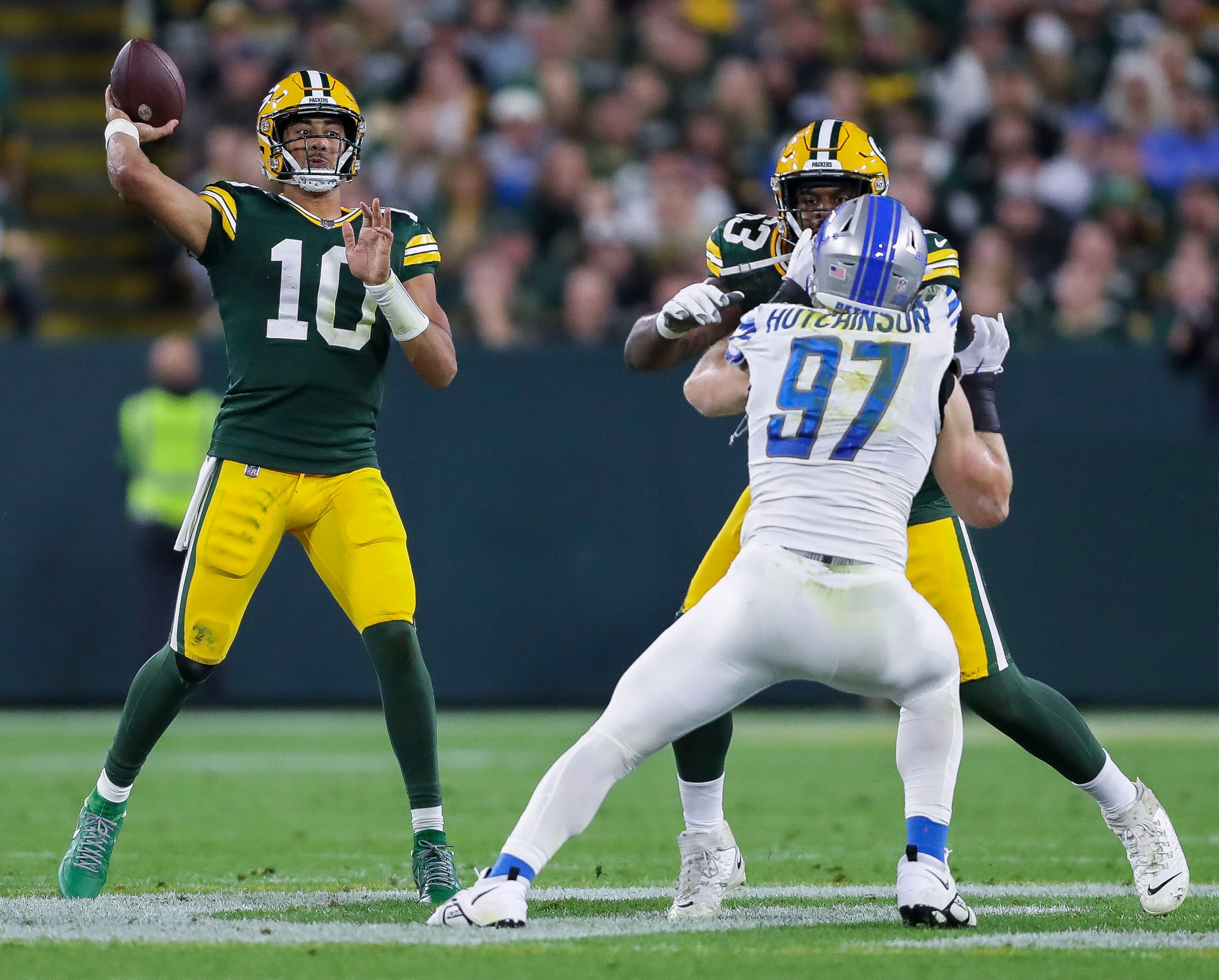 Green Bay Packers quarterback Jordan Love (10) passes the ball against the Detroit Lions during their football game on Thursday, September 28, 2023, at Lambeau Field in Green Bay, Wis. The Lions won the game, 34-20.