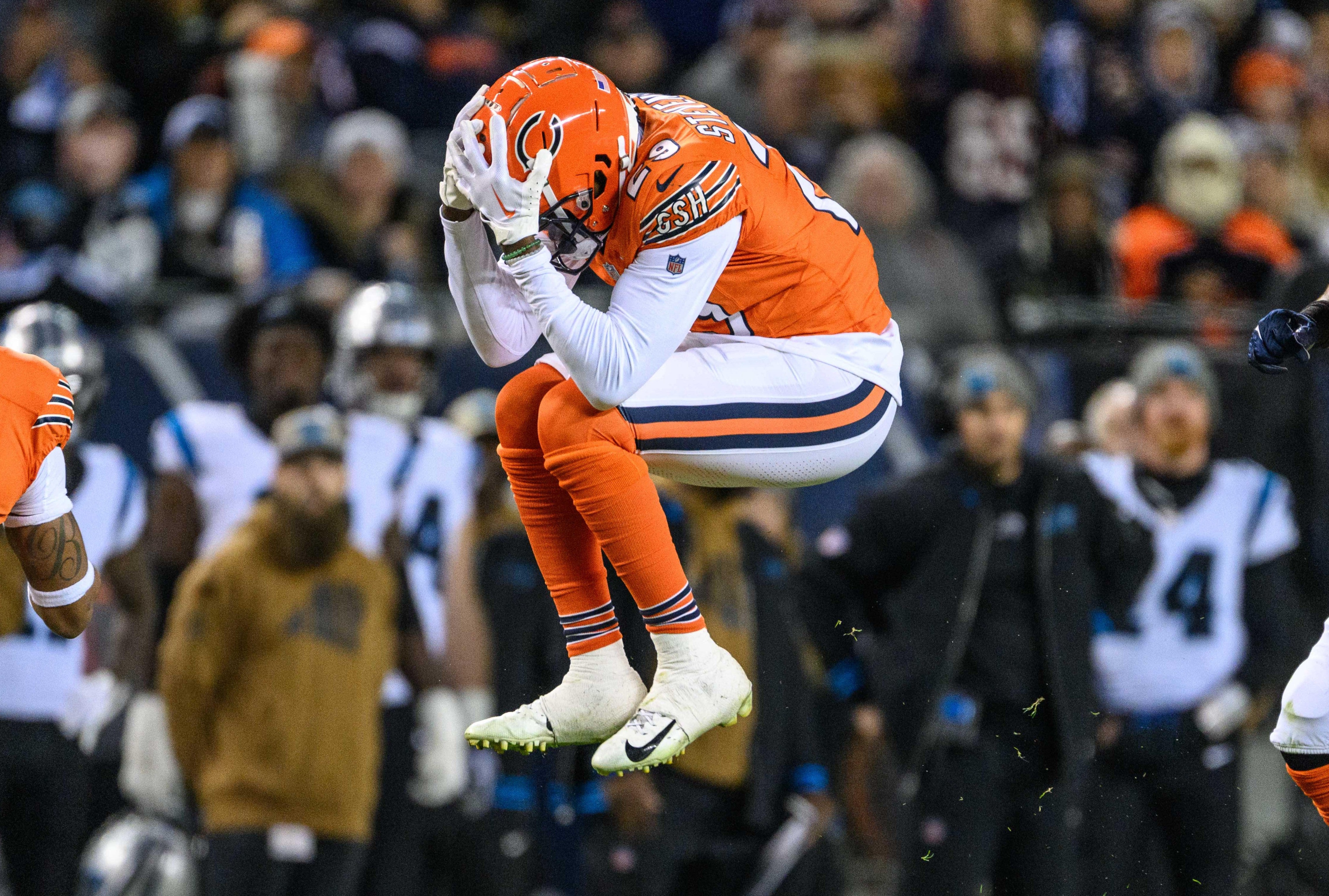 Nov 9, 2023; Chicago, Illinois, USA; Chicago Bears cornerback Tyrique Stevenson (29) reacts to a near interception against the Carolina Panthers during the second quarter at Soldier Field.
