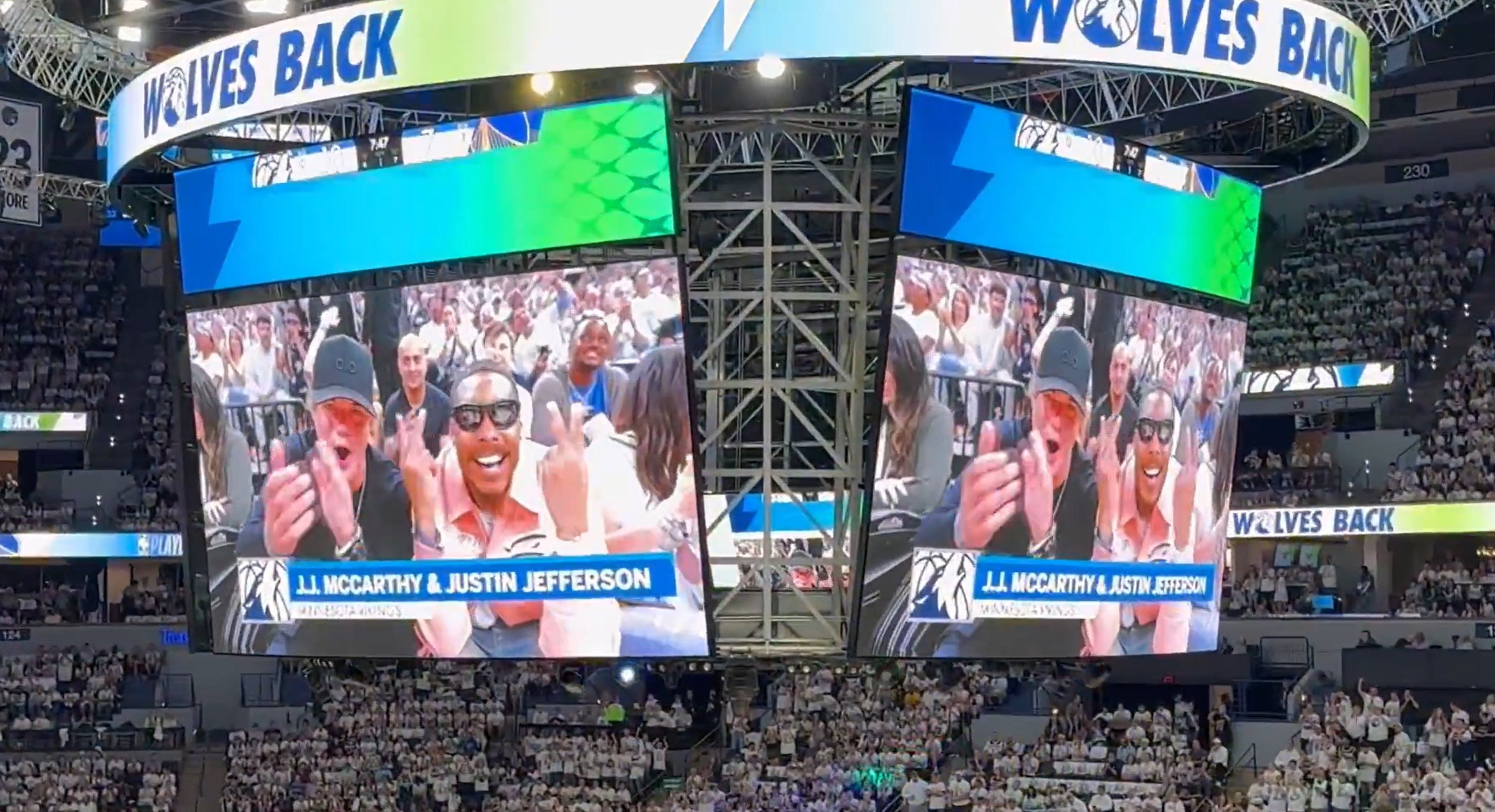 Minnesota Vikings quarterback J.J. McCarthy and wide receiver Justin Jefferson seen sitting courtside for the Minnesota Timberwolves' game 5 win over the Golden State Warriors to clinch the series