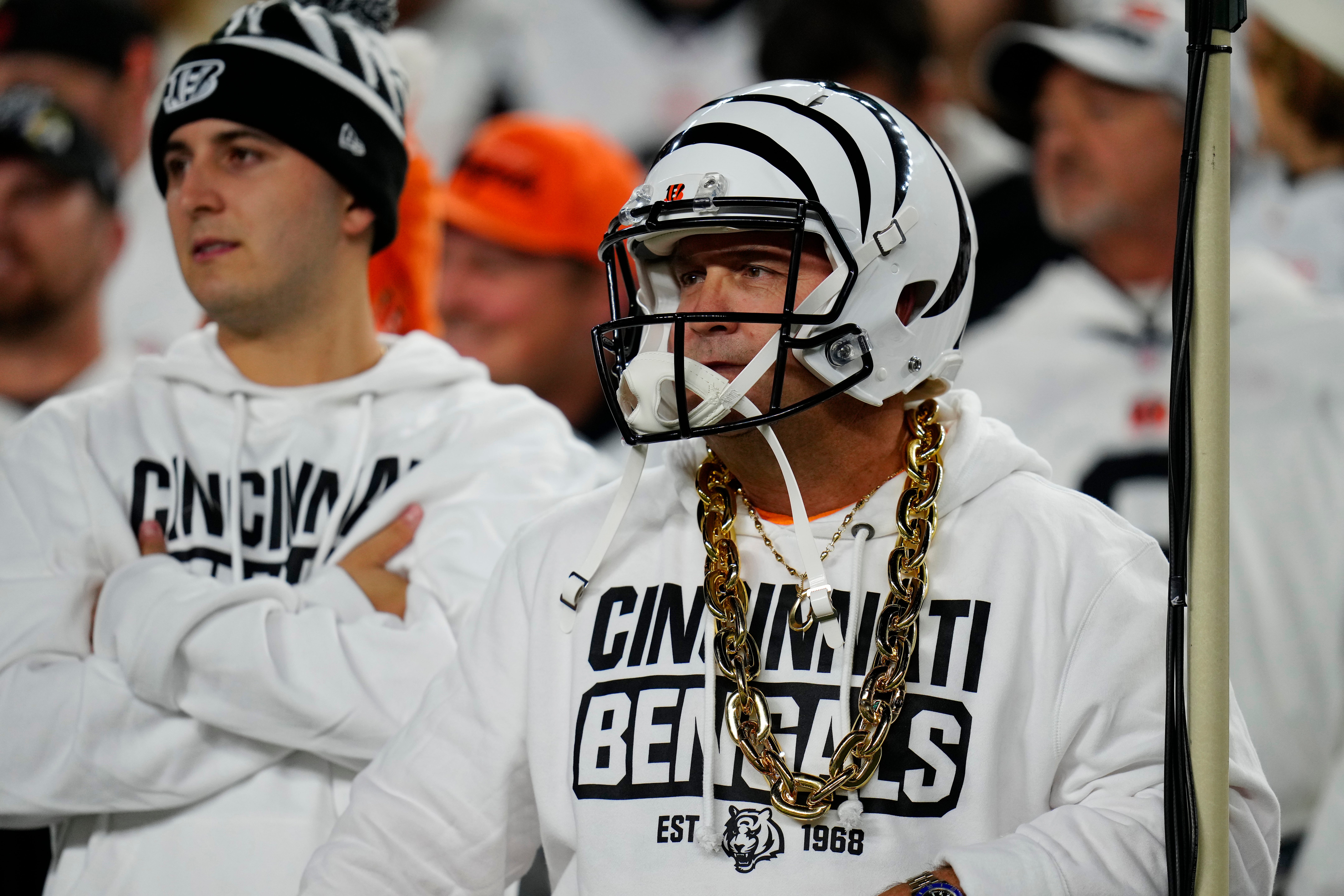 Cincinnati Bengals fans wear white in the first quarter of the NFL Week 4 game between the Cincinnati Bengals and the Miami Dolphins at PayCor Stadium in downtown on Thursday, Sept. 29, 2022. The Bengals 14-12 at halftime. Miami Dolphins At Cincinnati Bengals Week 4