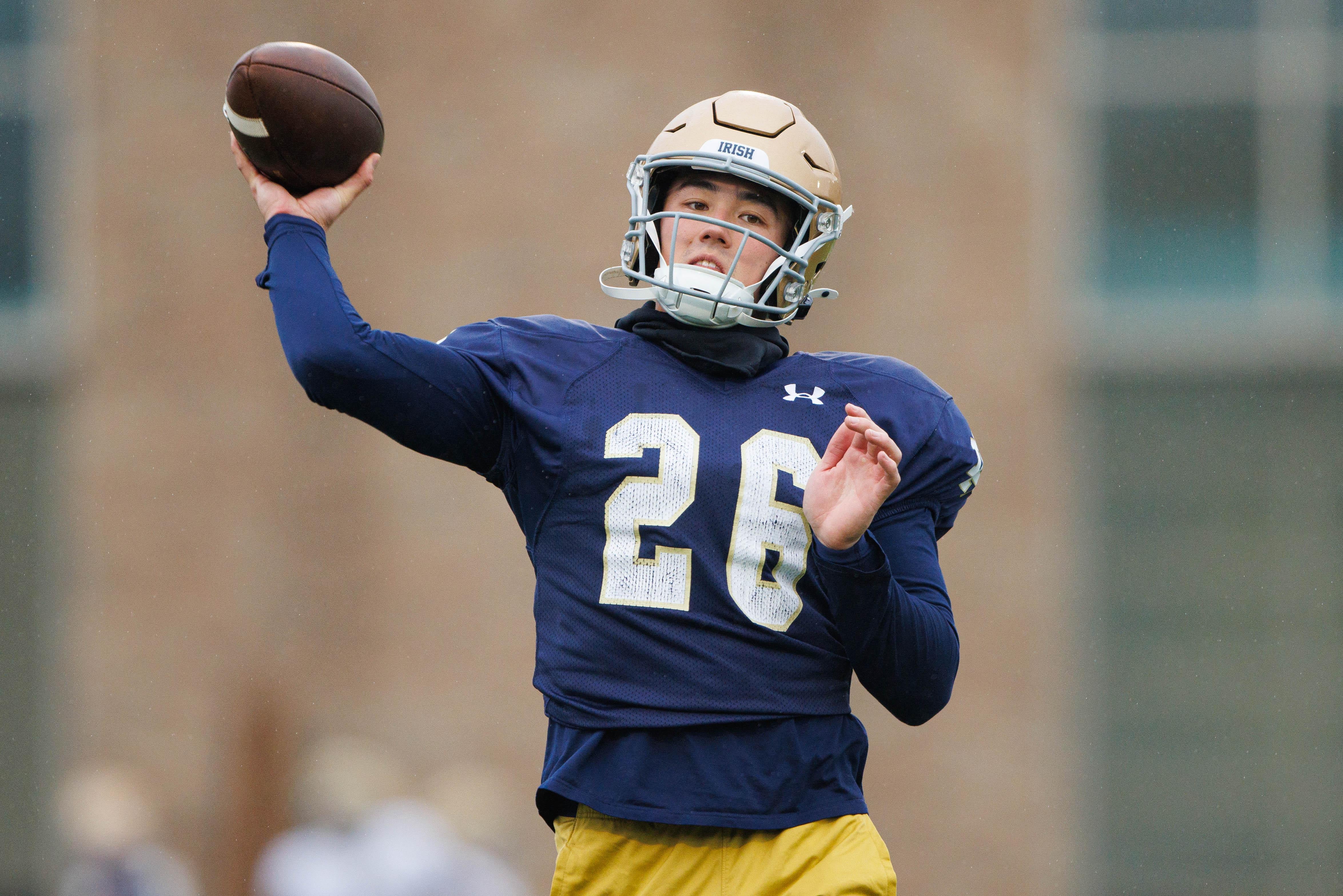 Notre Dame wide receiver Tyler Buchner (26) participates in a drill during a Notre Dame football practice at Irish Athletic Center on Monday, Dec. 16, 2024, in South Bend.  