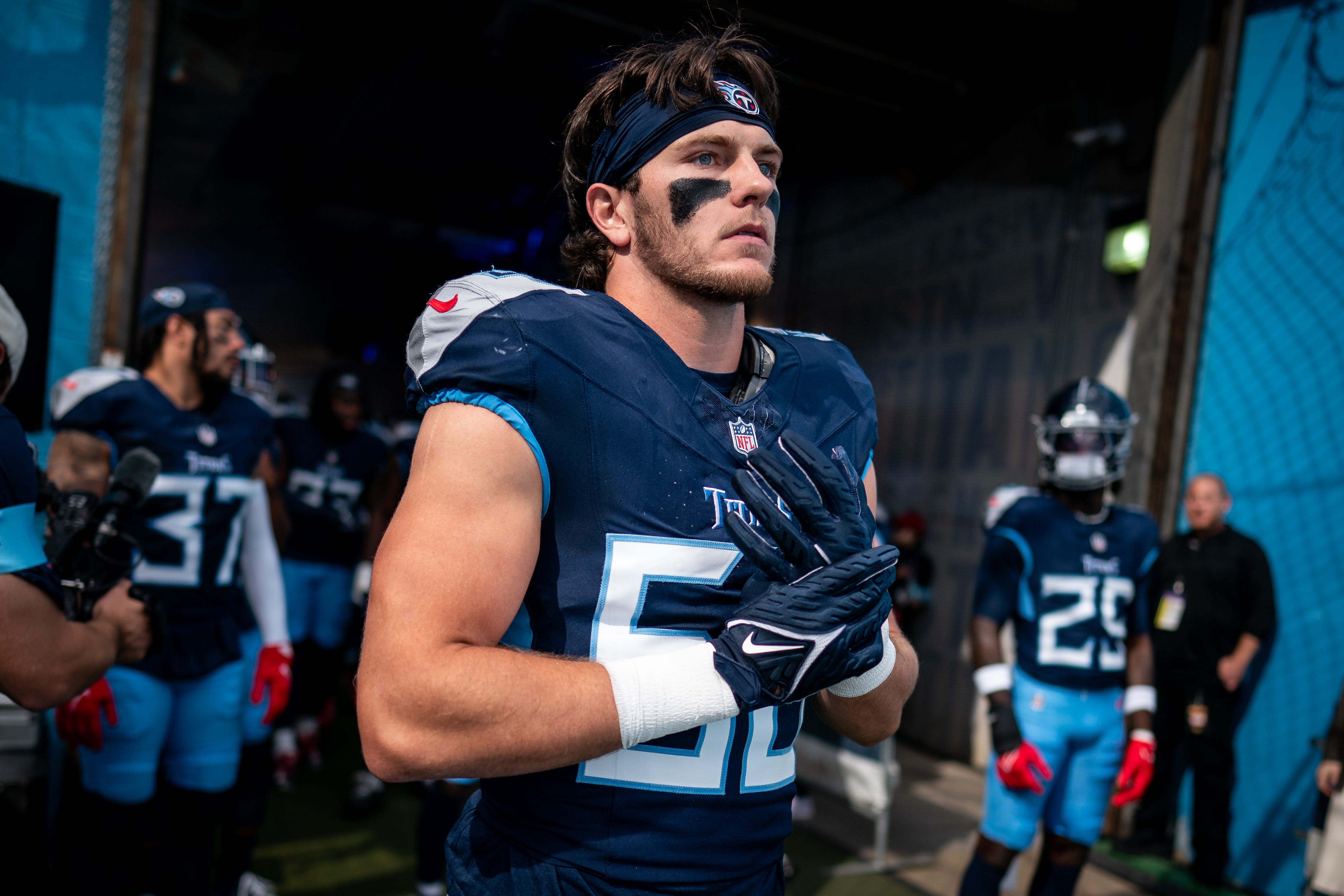Tennessee Titans linebacker Jack Gibbens (50) heads to the field before a game against the New England Patriots at Nissan Stadium in Nashville, Tenn., Sunday, Nov. 3, 2024.