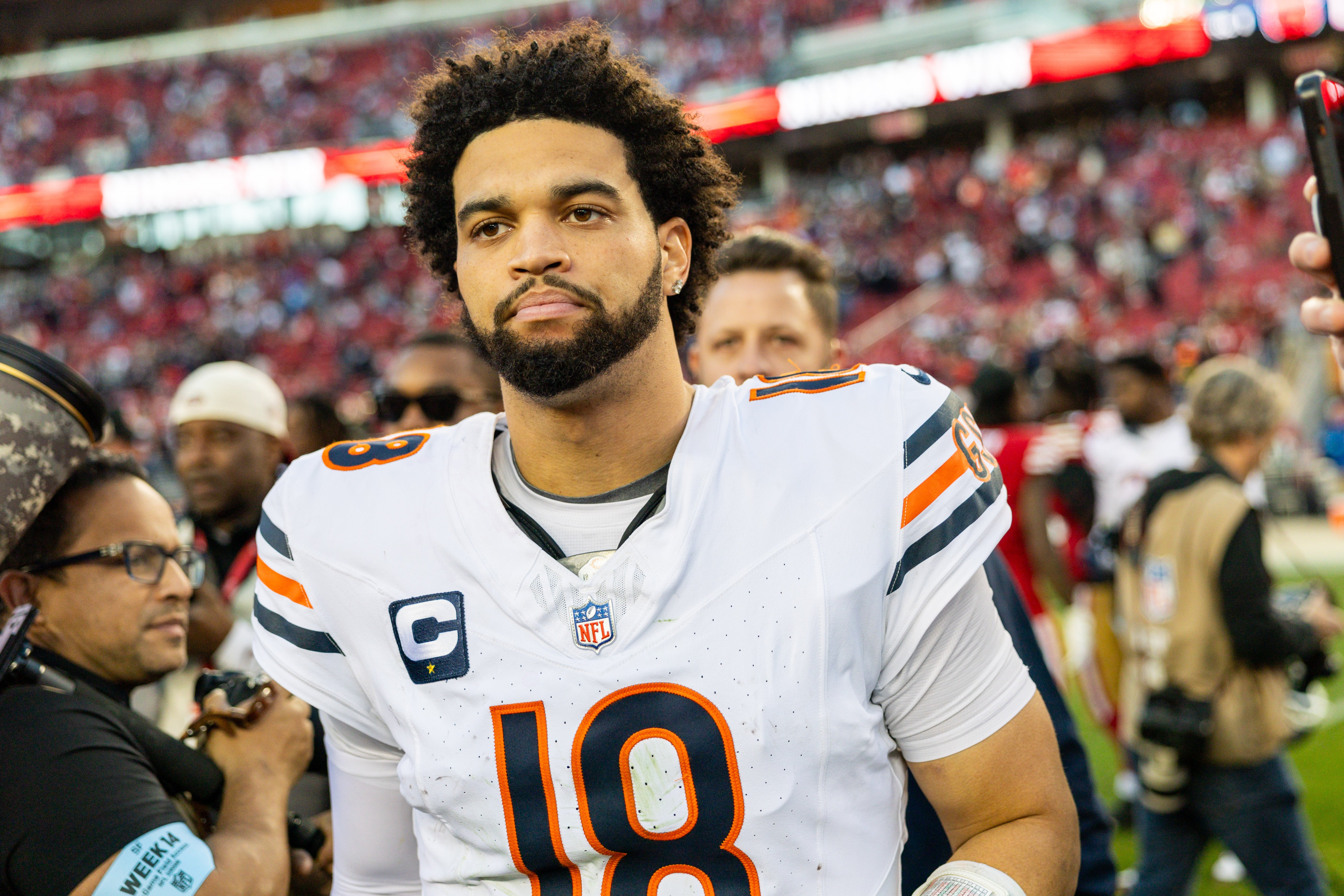 Dec 8, 2024; Santa Clara, California, USA; Chicago Bears quarterback Caleb Williams (18) looks on after the game against the San Francisco 49ers at Levi's Stadium.
