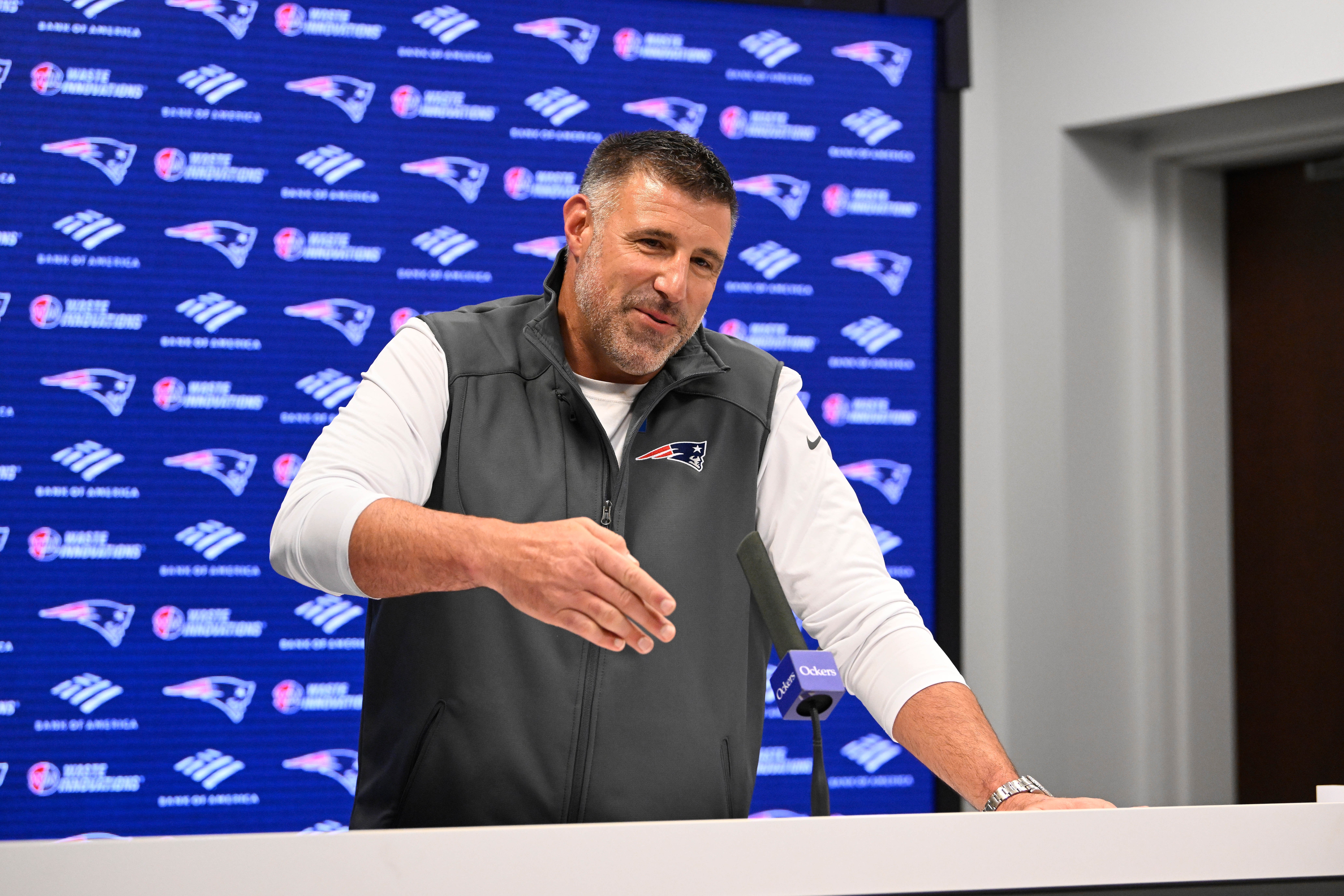 May 9, 2025; Foxborough, MA, USA; New England Patriots head coach Mike Vrabel speaks the to media during a press conference at Gillette Stadium