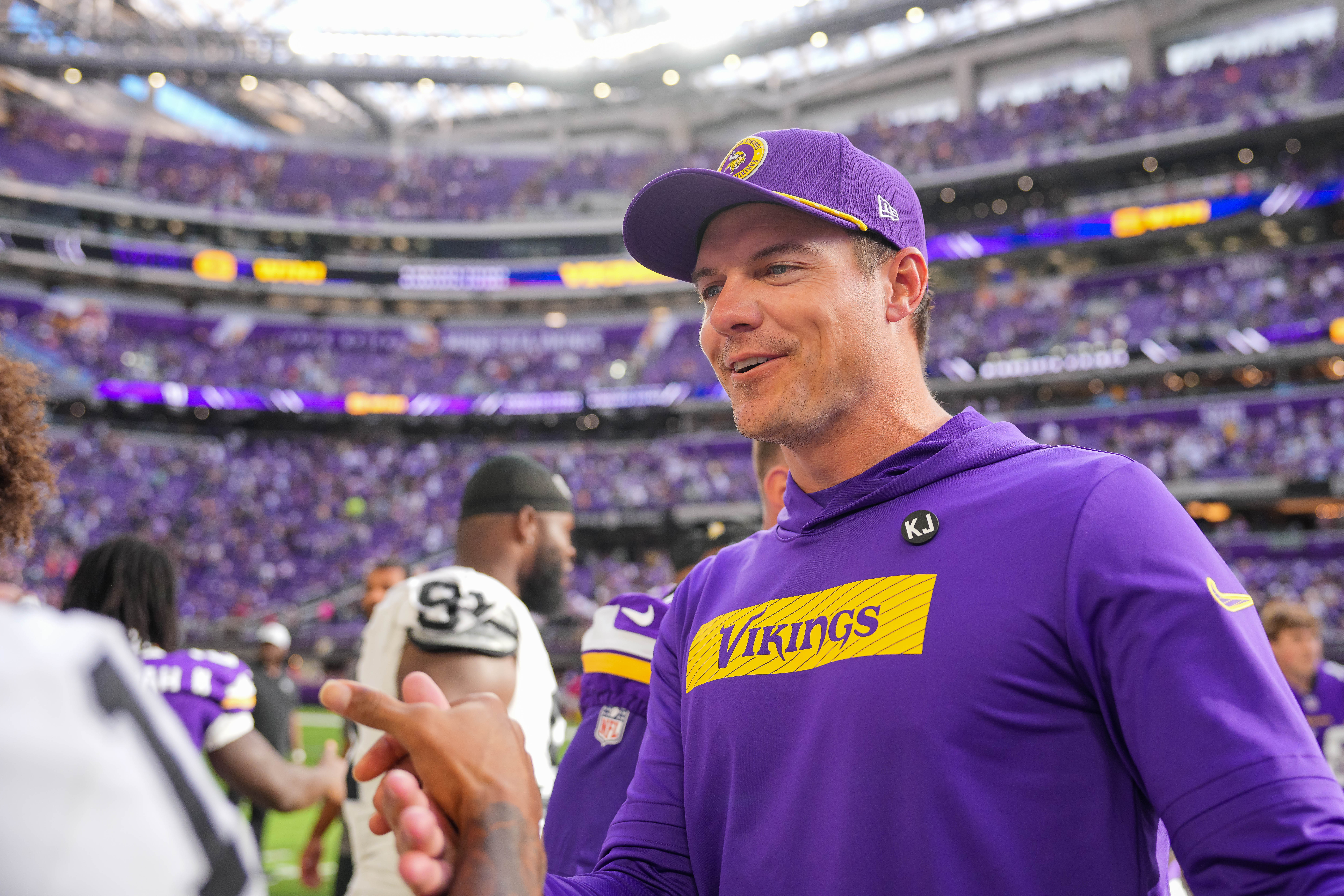 Aug 10, 2024; Minneapolis, Minnesota, USA; Minnesota Vikings head coach Kevin O'Connell after the game against the Las Vegas Raiders at U.S. Bank Stadium.