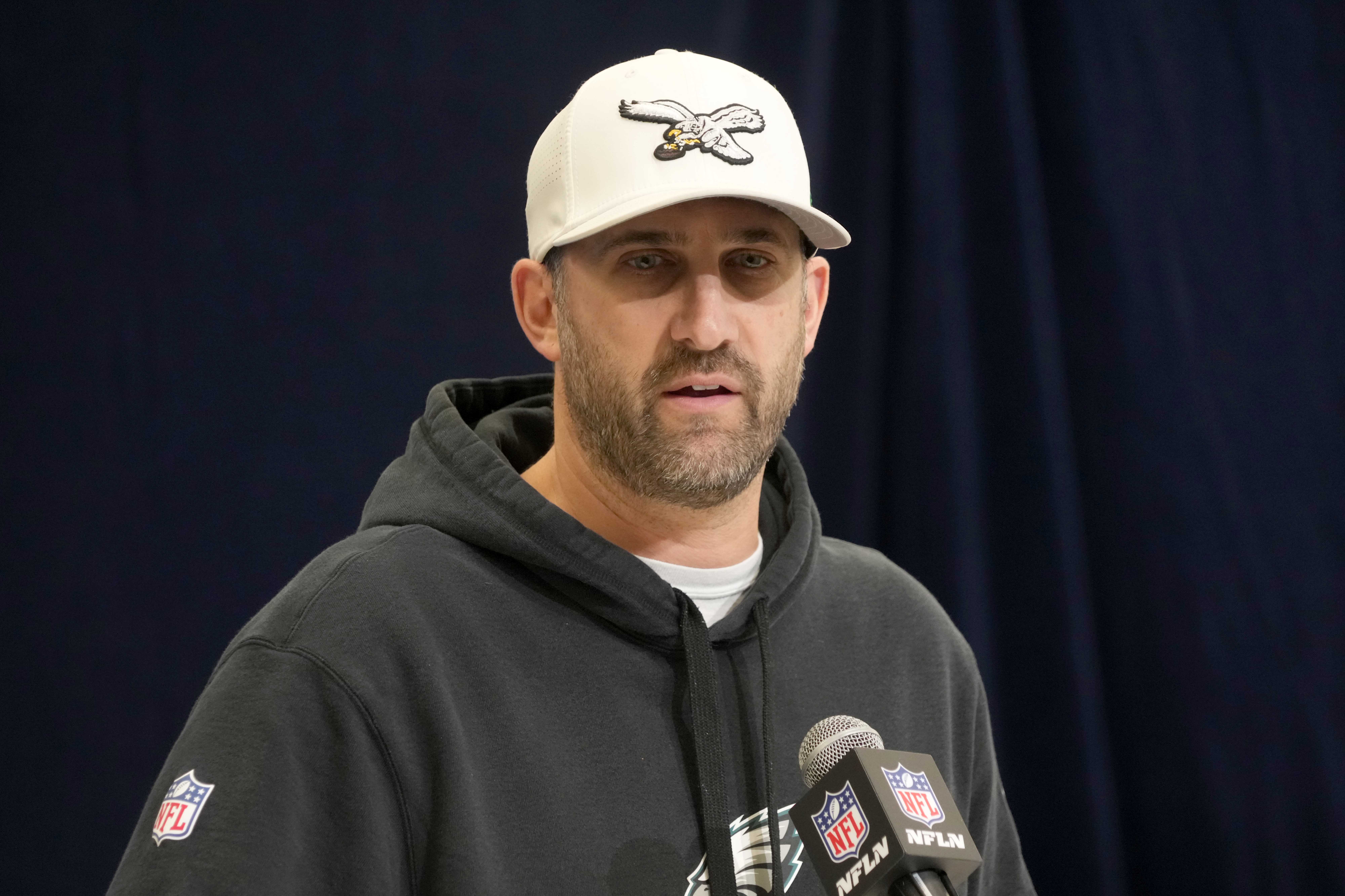 Philadelphia Eagles coach Nick Sirianni speaks during the NFL Scouting Combine at the Indiana Convention Center.