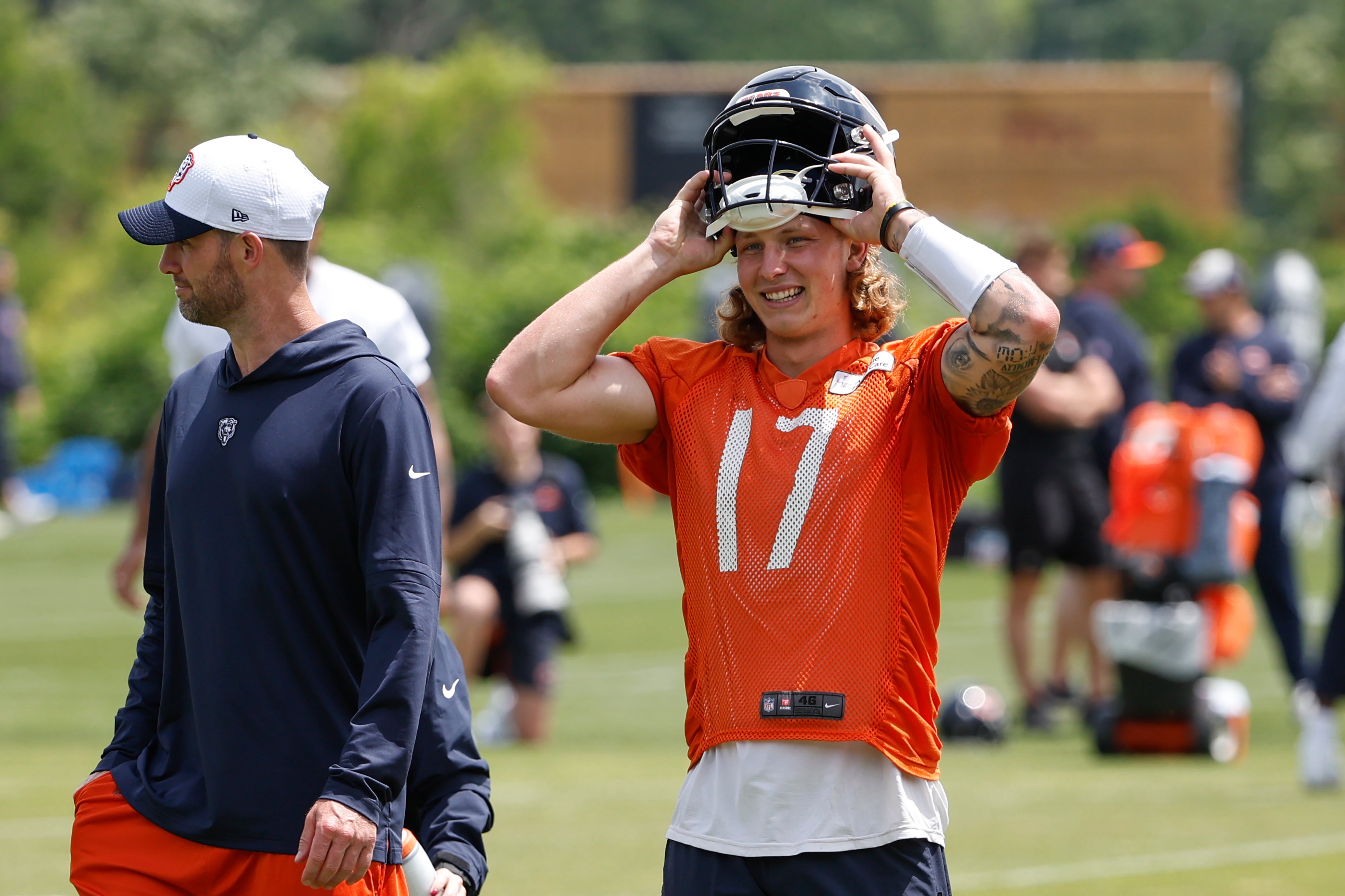 Jun 5, 2024; Lake Forest, IL, USA; Chicago Bears quarterback Tyson Bagent (17) smiles during the team's minicamp at Halas Hall.