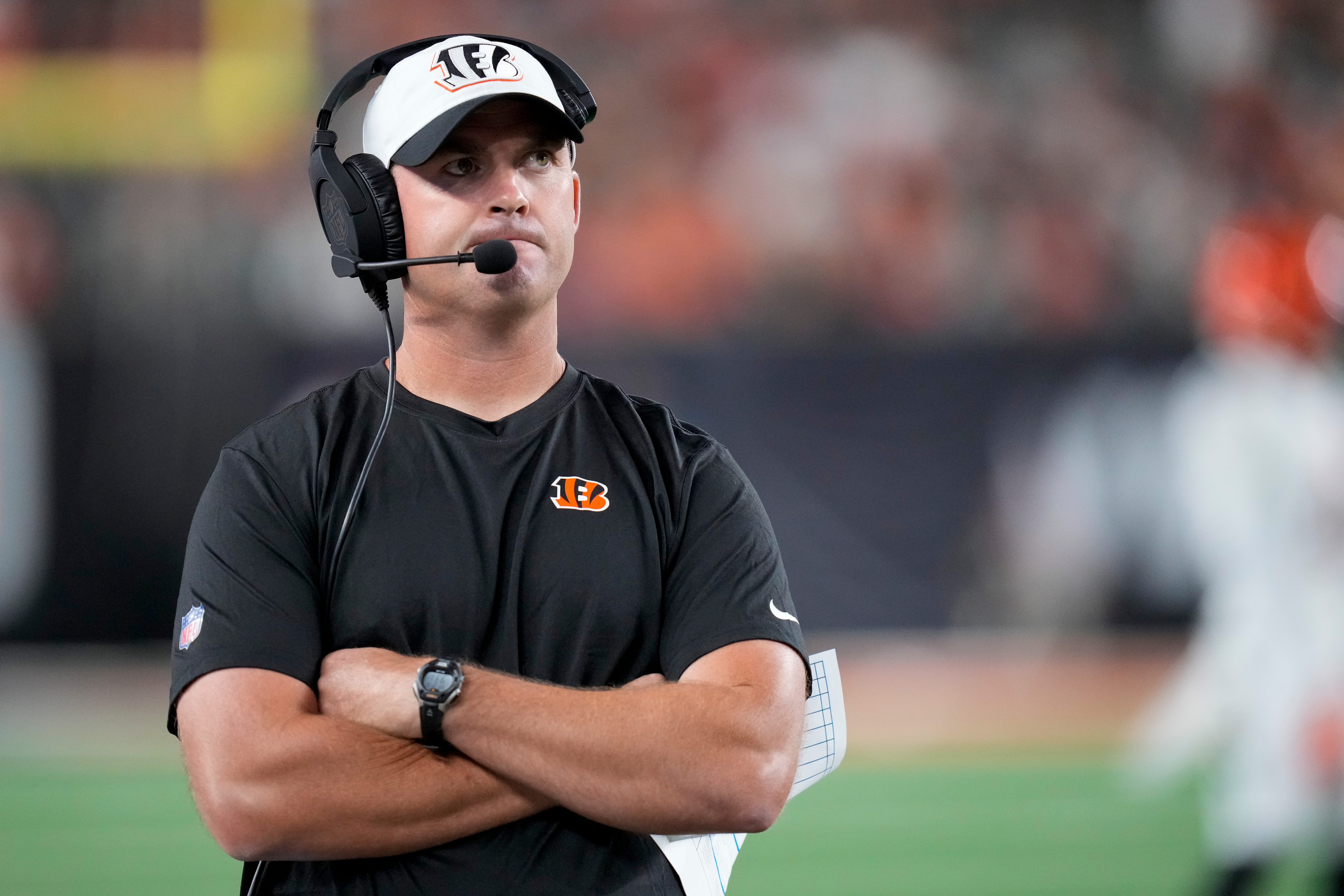 Cincinnati Bengals head coach Zac Taylor watches the video board in the fourth quarter of the NFL Preseason Week 1 game between the Cincinnati Bengals and the Tampa Bay Buccaneers at Paycor Stadium in downtown Cincinnati on Saturday, Aug. 10, 2024. The Tampa Bay Buccaneers beat the Bengals 17-14.