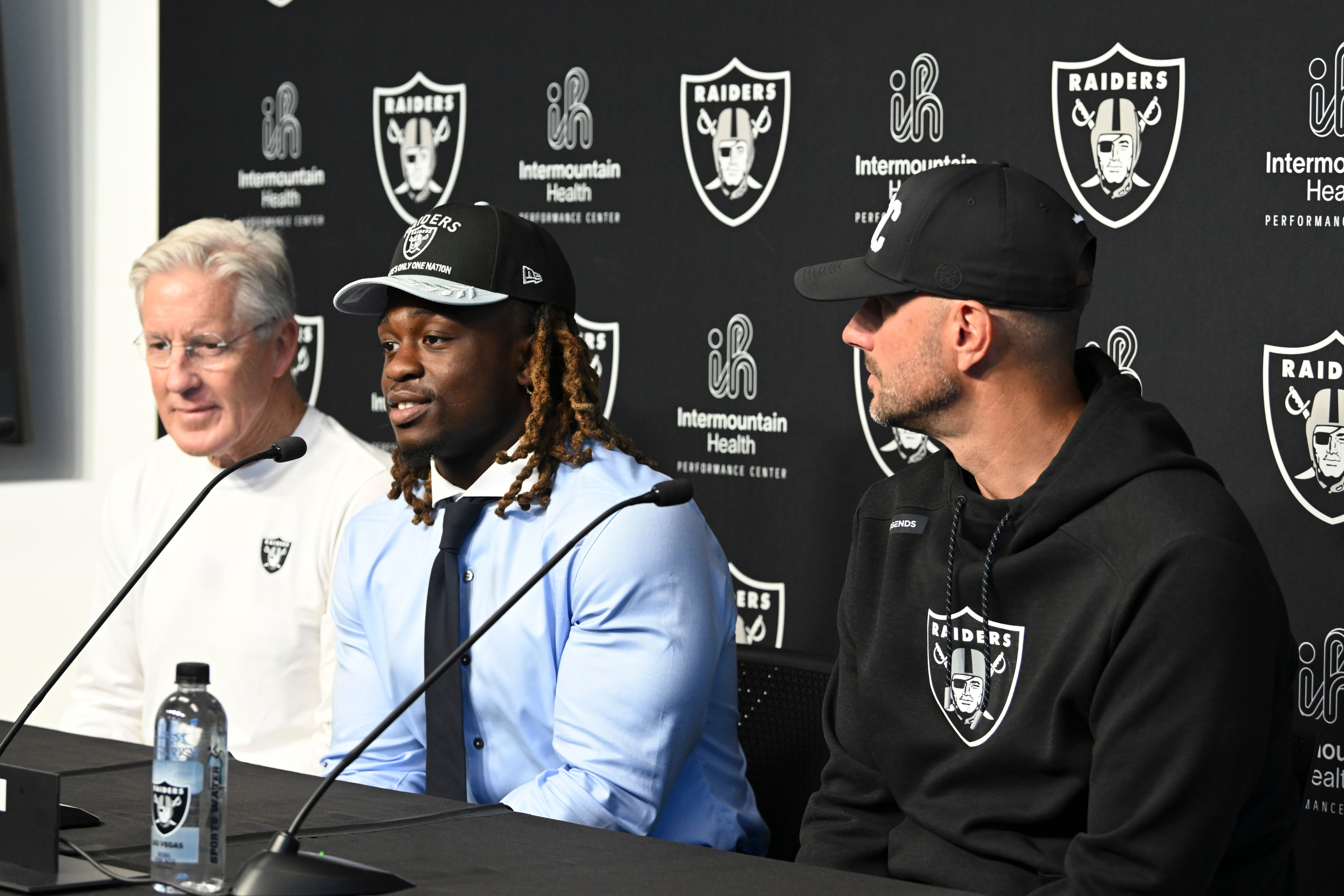 Las vegas Raiders running back Ashton Jeanty head coach Pete Carroll