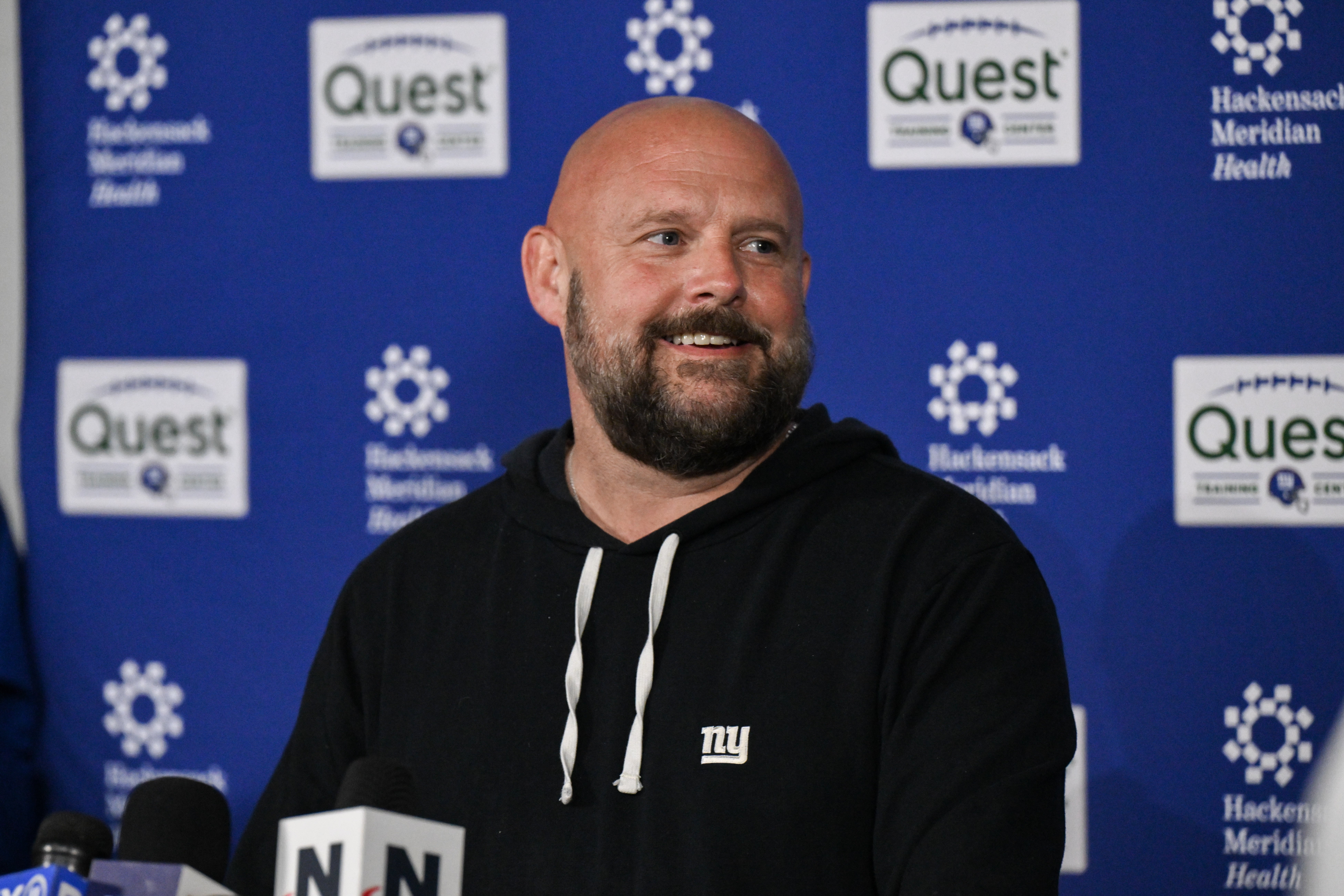 May 9, 2025; East Rutherford, NJ, USA; New York Giants head coach Brian Daboll speaks at a press conference prior to rookie minicamp at Quest Diagnostics Training Center.
