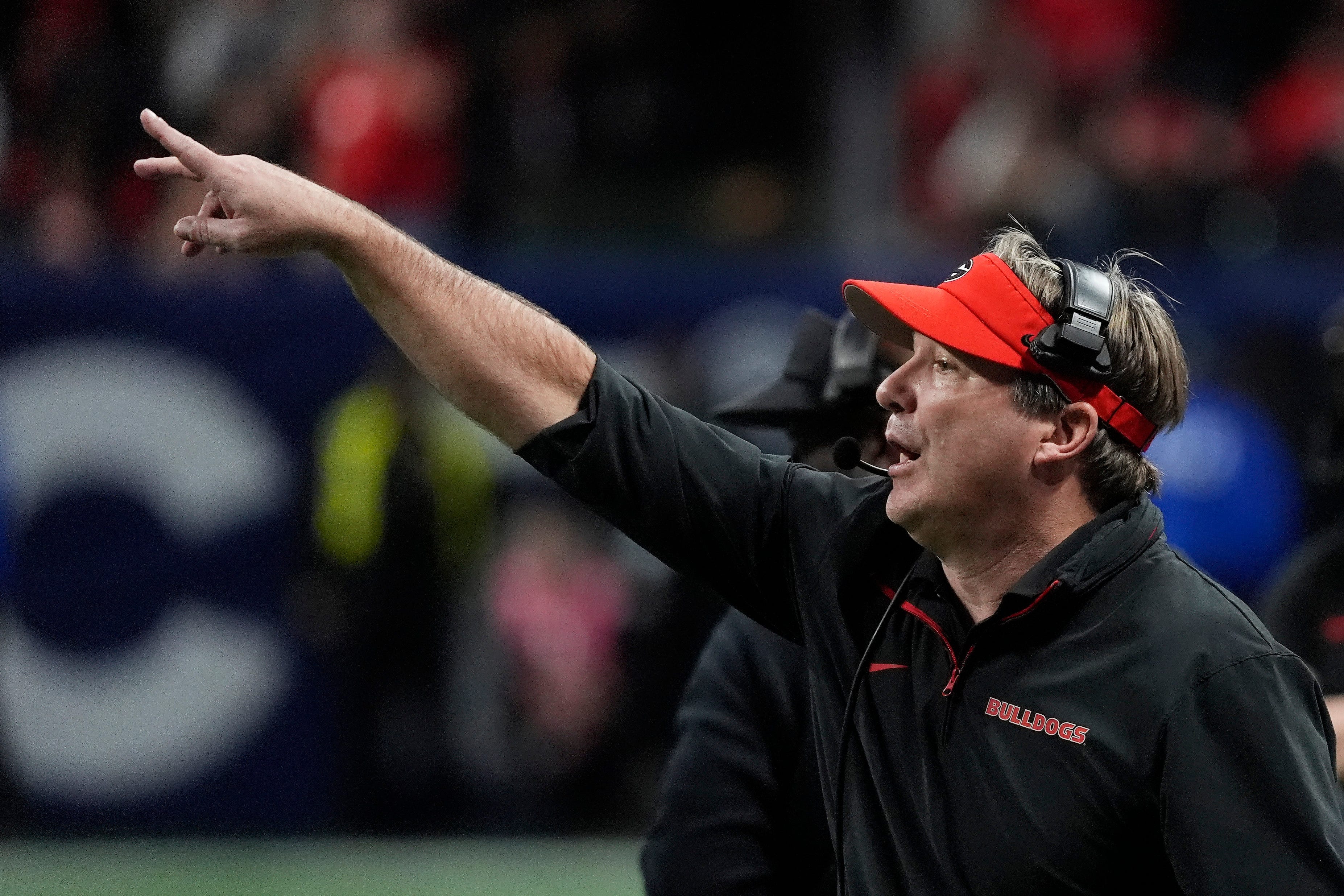 Georgia coach Kirby Smart reacts during overtime of the SEC championship game against Texas in Atlanta, on Saturday, Dec. 7, 2024