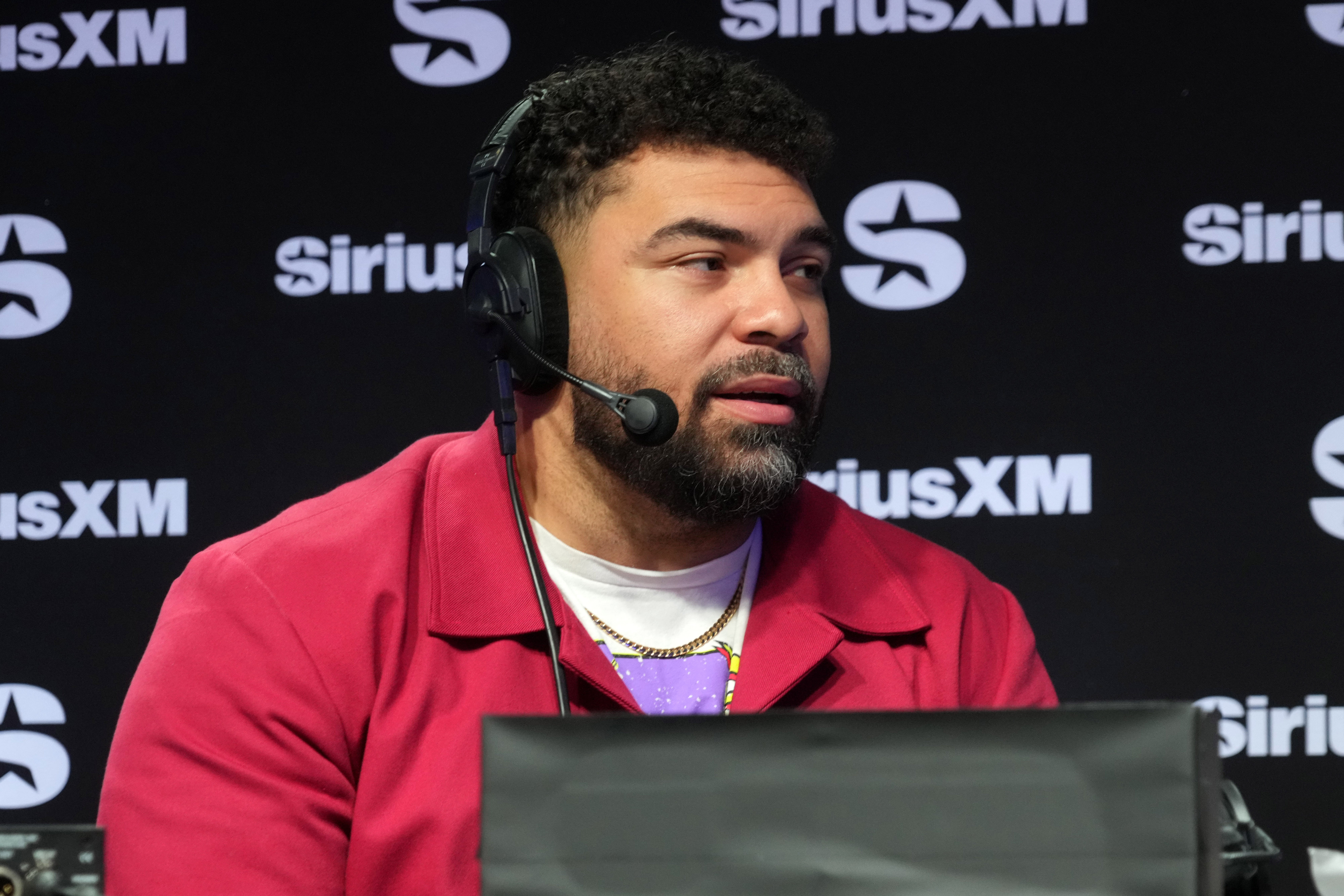 Feb 7, 2024; Las Vegas, NV, USA; Pittsburgh Steelers defensive tackle Cam Heyward on the SportsGrid SiriusXM radio set on radio row at the Super Bowl 58 Media Center at the Mandalay Bay resort and spa.