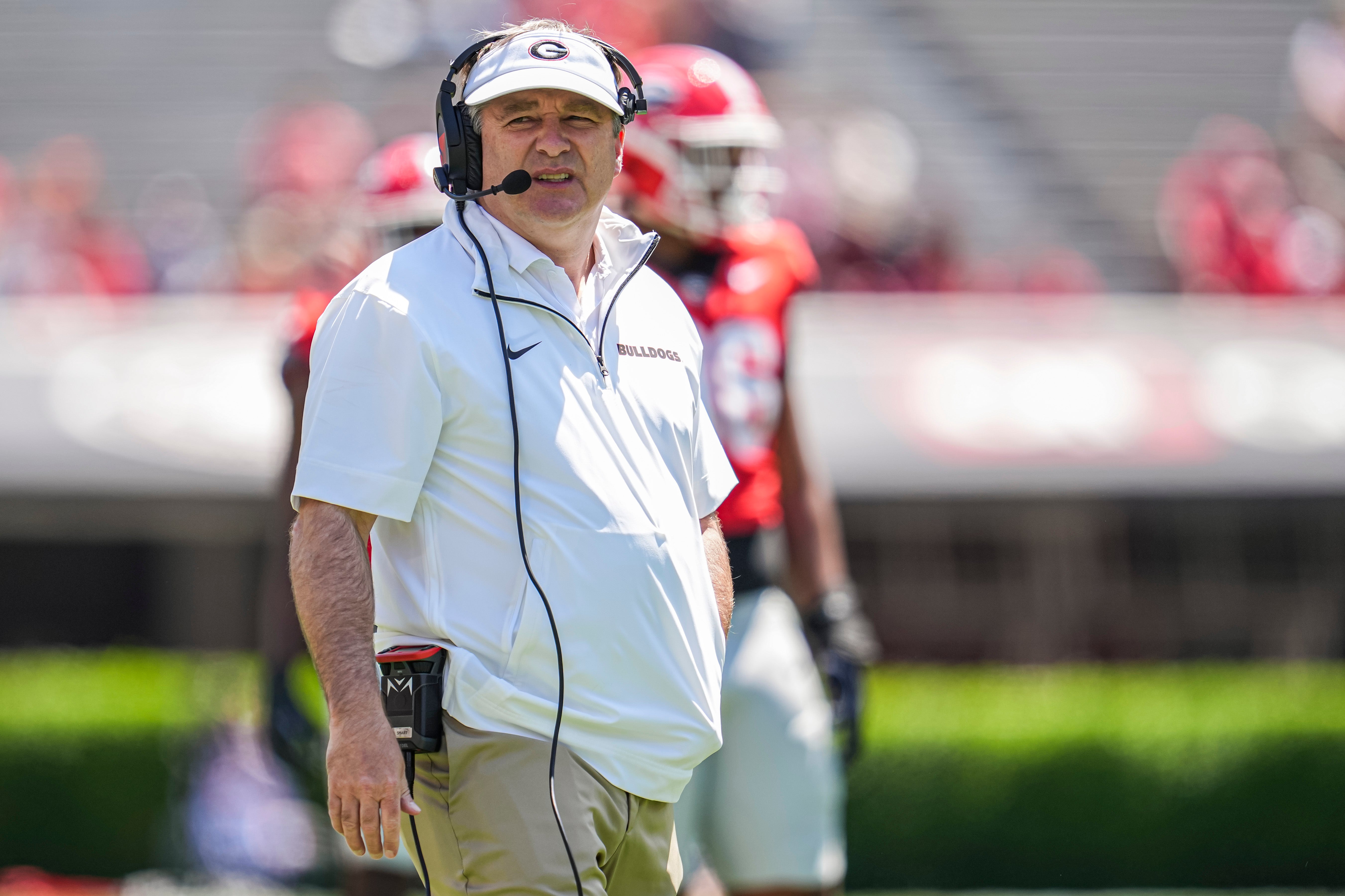 Georgia Bulldogs head coach Kirby Smart shown during the Georgia Spring game at Sanford Stadium.