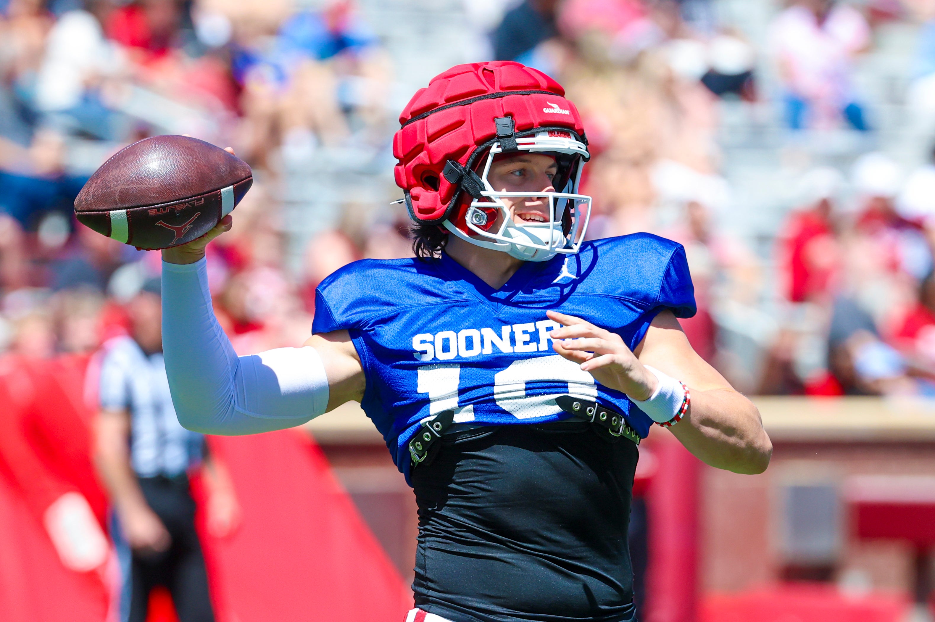 Apr 12, 2025; Norman, OK, USA; Oklahoma Sooners quarterback John Mateer (10) throws during the Crimson Combine at Gaylord Family-Oklahoma Memorial Stadium.
