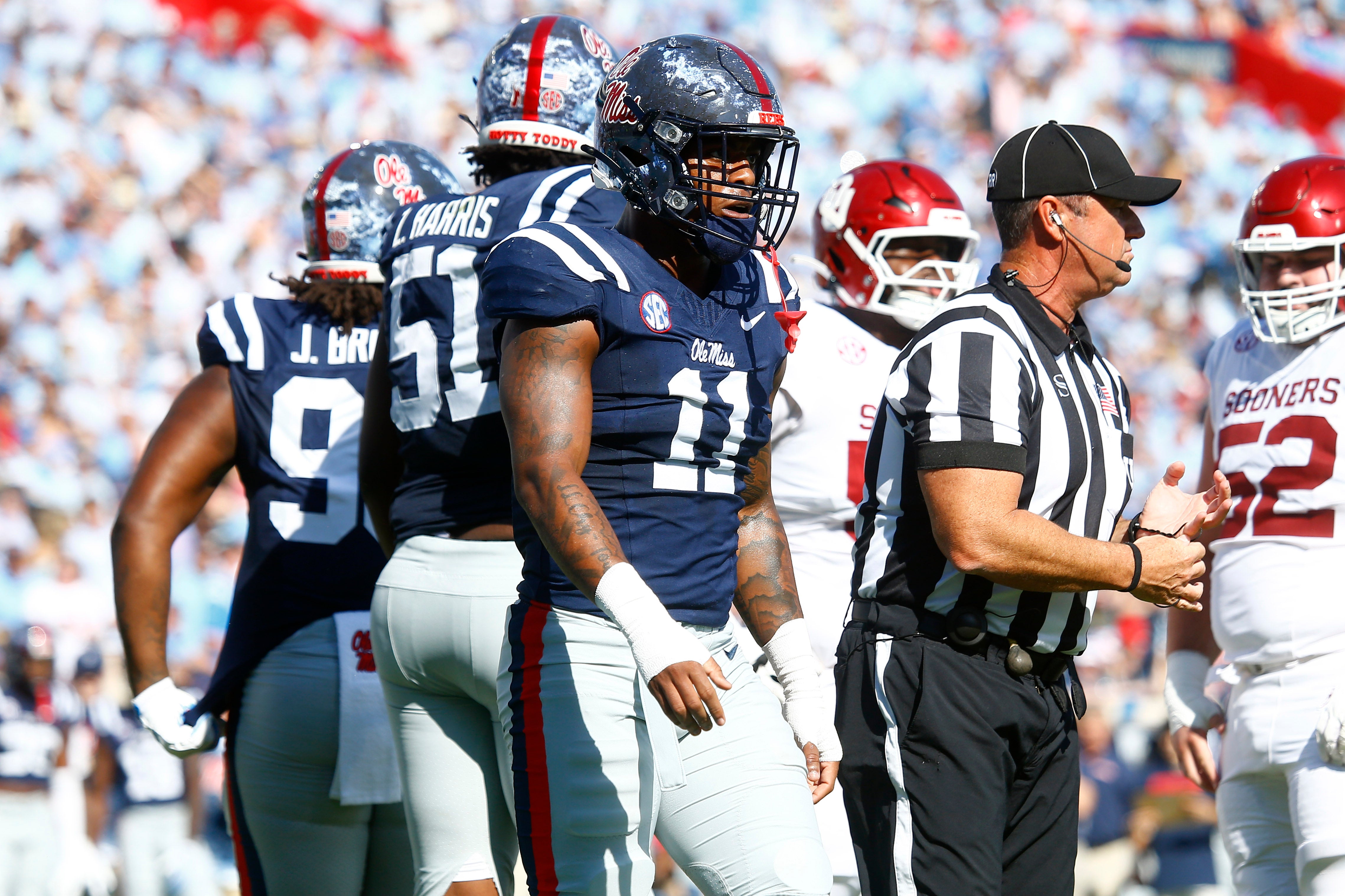 Oct 26, 2024; Oxford, Mississippi, USA; Mississippi Rebels linebacker Chris Paul Jr. (11) waits for the snap during the first half against the Oklahoma Sooners at Vaught-Hemingway Stadium.