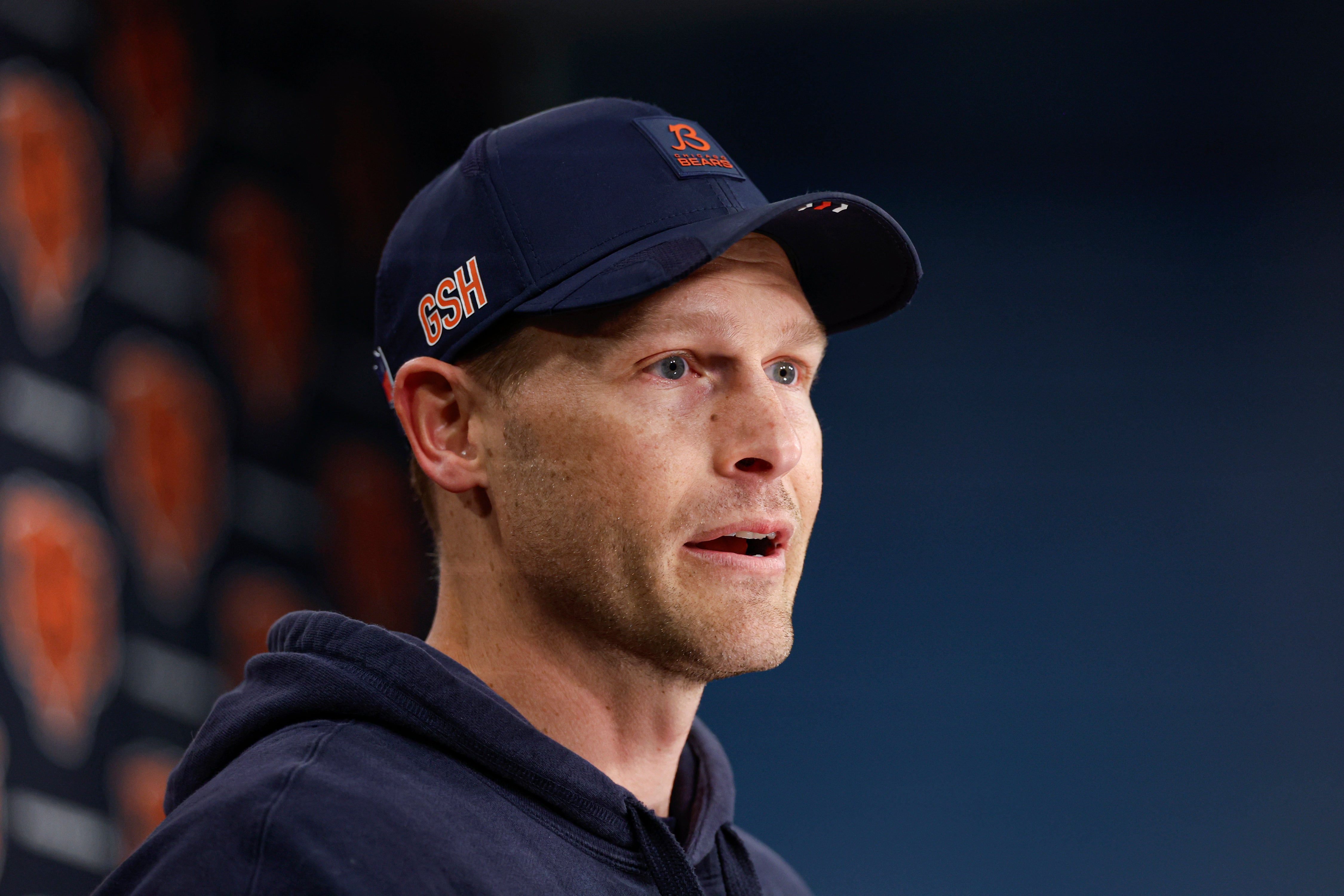 May 9, 2025; Lake Forest, IL, USA; Chicago Bears head coach Ben Johnson (R) speaks during the Rookie Minicamp at Halas Hall.