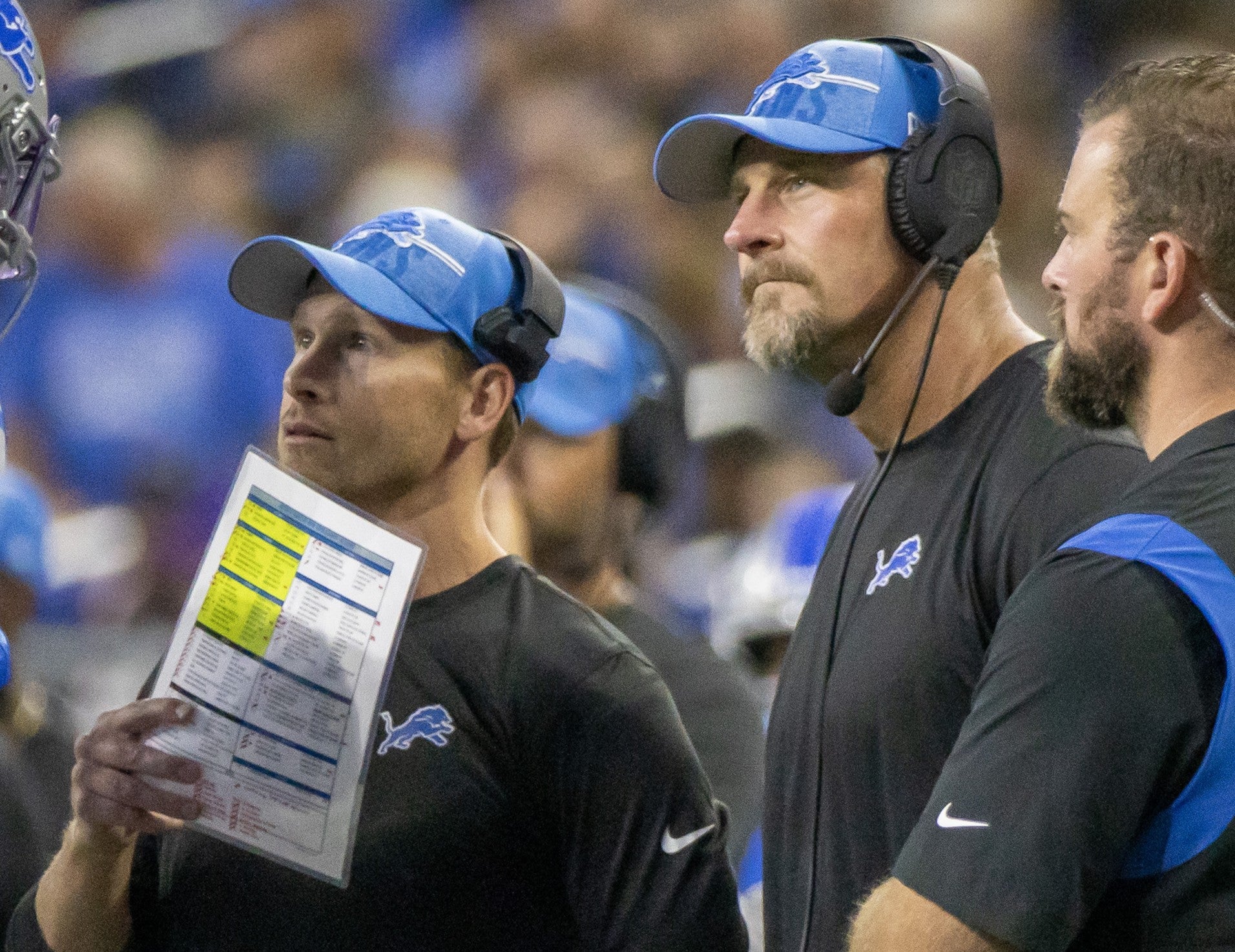 Aug 11, 2023; Detroit, Michigan, USA; The Detroit Lions offensive coordinator Ben Johnson and head coach Dan Campbell talk to quarterback Nate Sudfeld (10) on a time out late in the second quarter against the New York Giants at Ford Field.