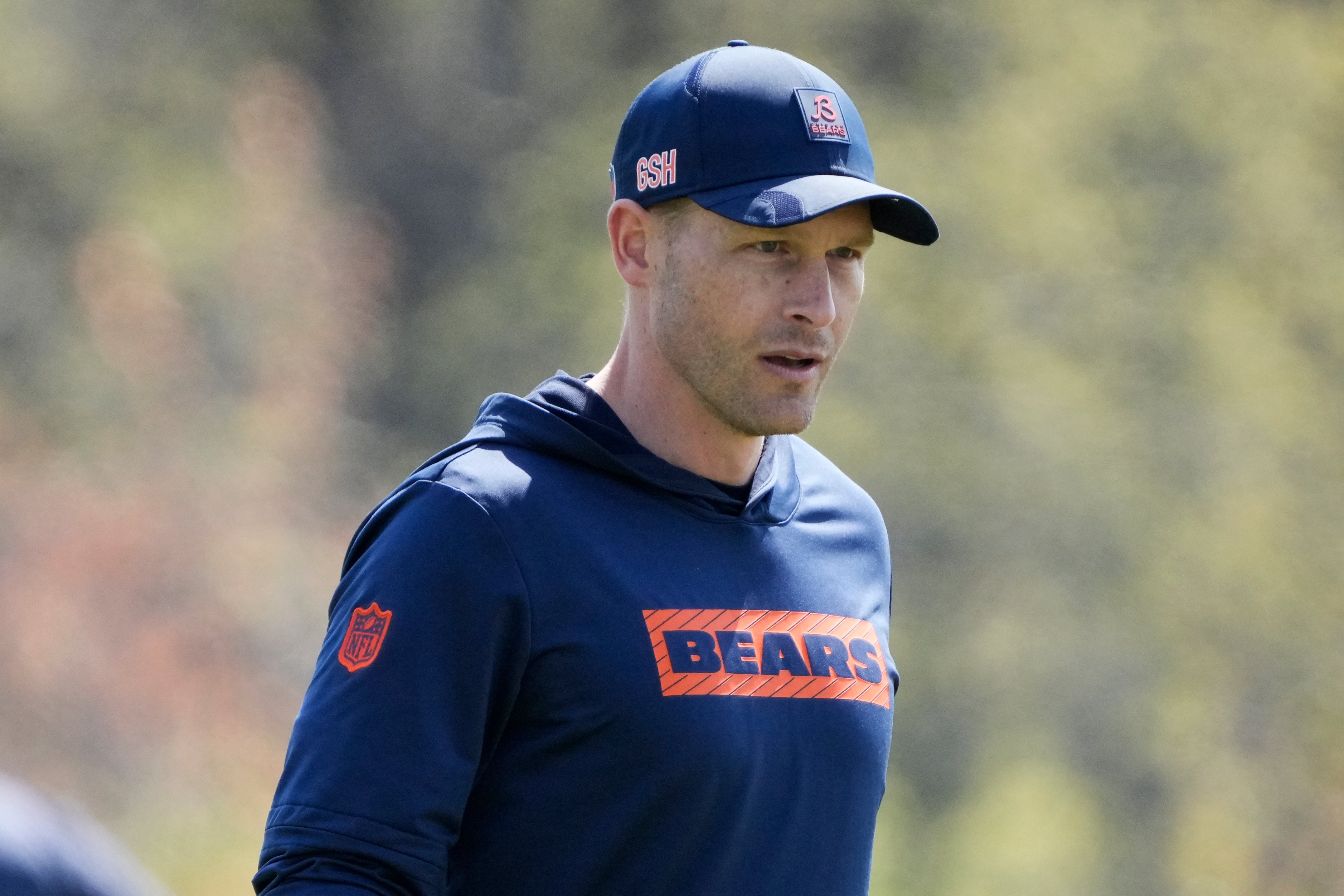 May 10, 2025; Lake Forest, IL, USA; Chicago Bears head coach Ben Johnson walks the field during rookie minicamp at Halas Hall.