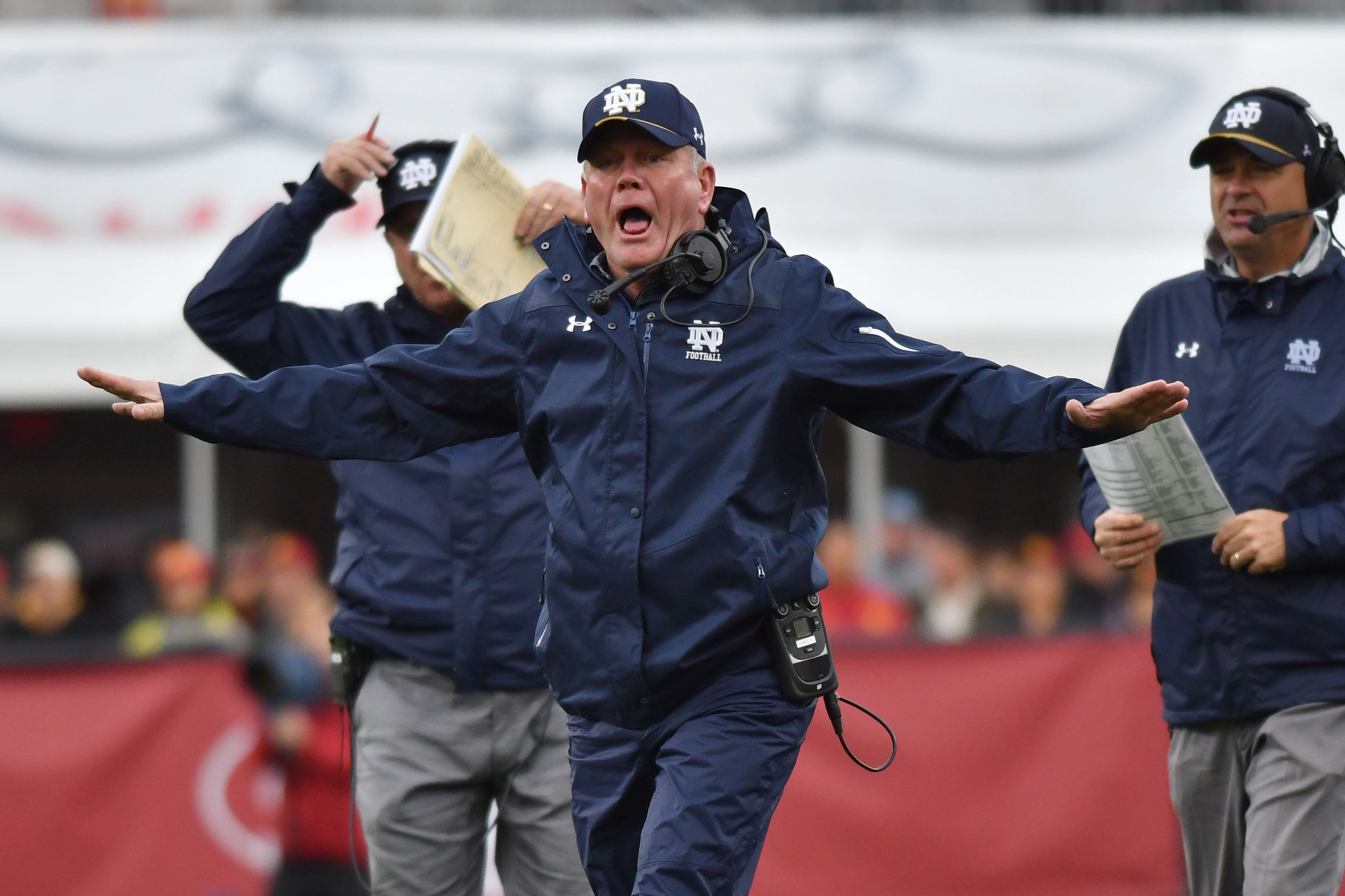 Nov 26, 2016; Los Angeles, CA, USA; Notre Dame Fighting Irish head coach Brian Kelly argues a call in the fourth quarter against the USC Trojans at the Los Angeles Memorial Coliseum. USC won 45-27. Mandatory Credit: Matt Cashore-Imagn Images