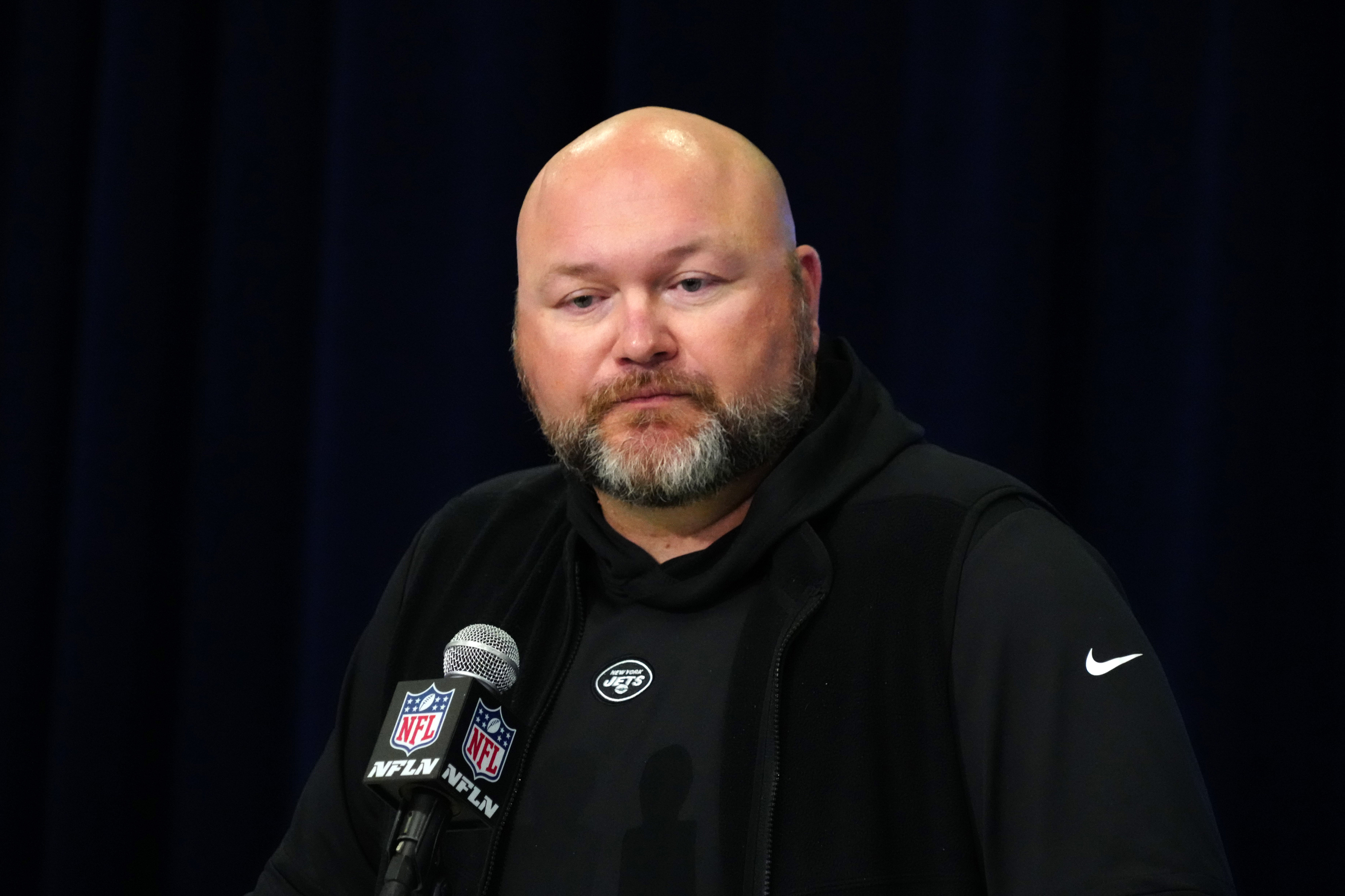 New York Jets general manager Joe Douglas speaks at a press conference at the NFL Scouting Combine at Indiana Convention Center.