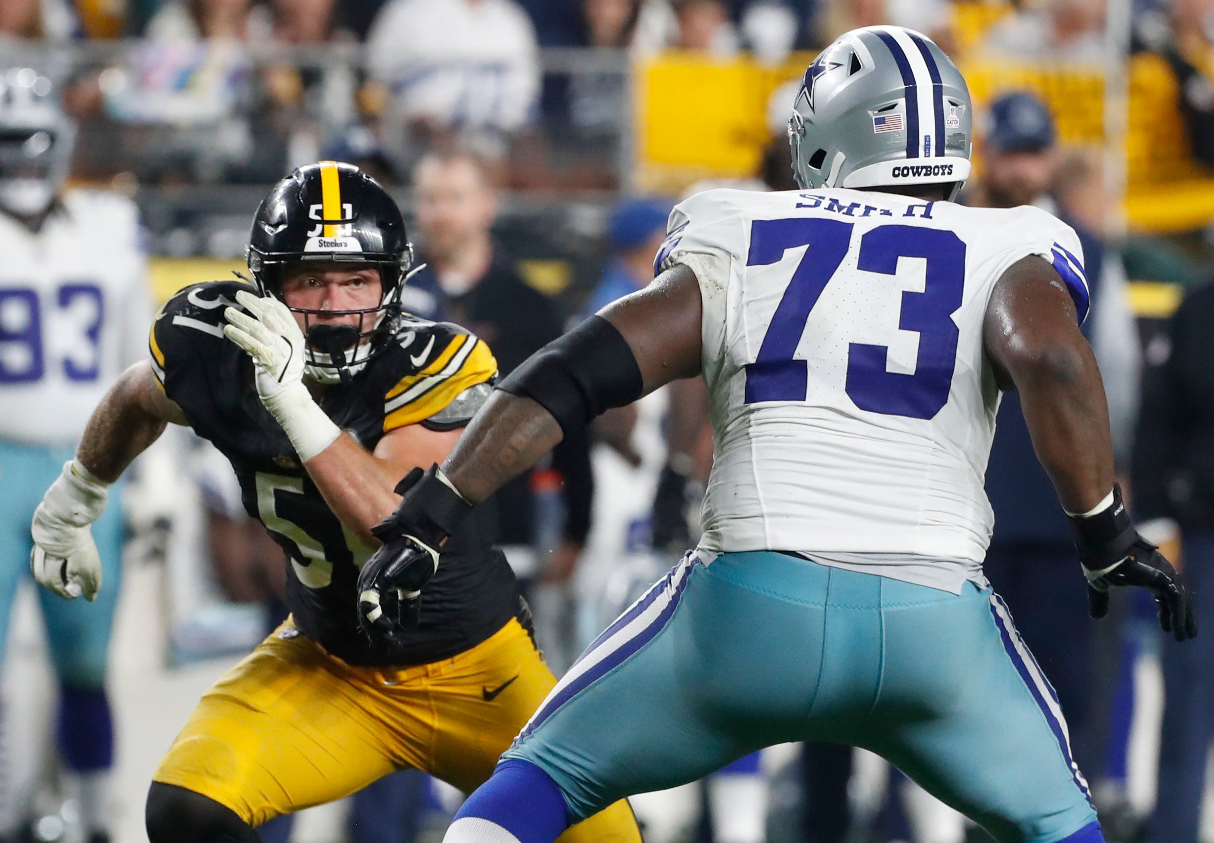 Pittsburgh Steelers linebacker Nick Herbig (51) pass rushes at the line of scrimmage against Dallas Cowboys offensive tackle Tyler Smith (73) during the third quarter at Acrisure Stadium. Dallas won 20-17.