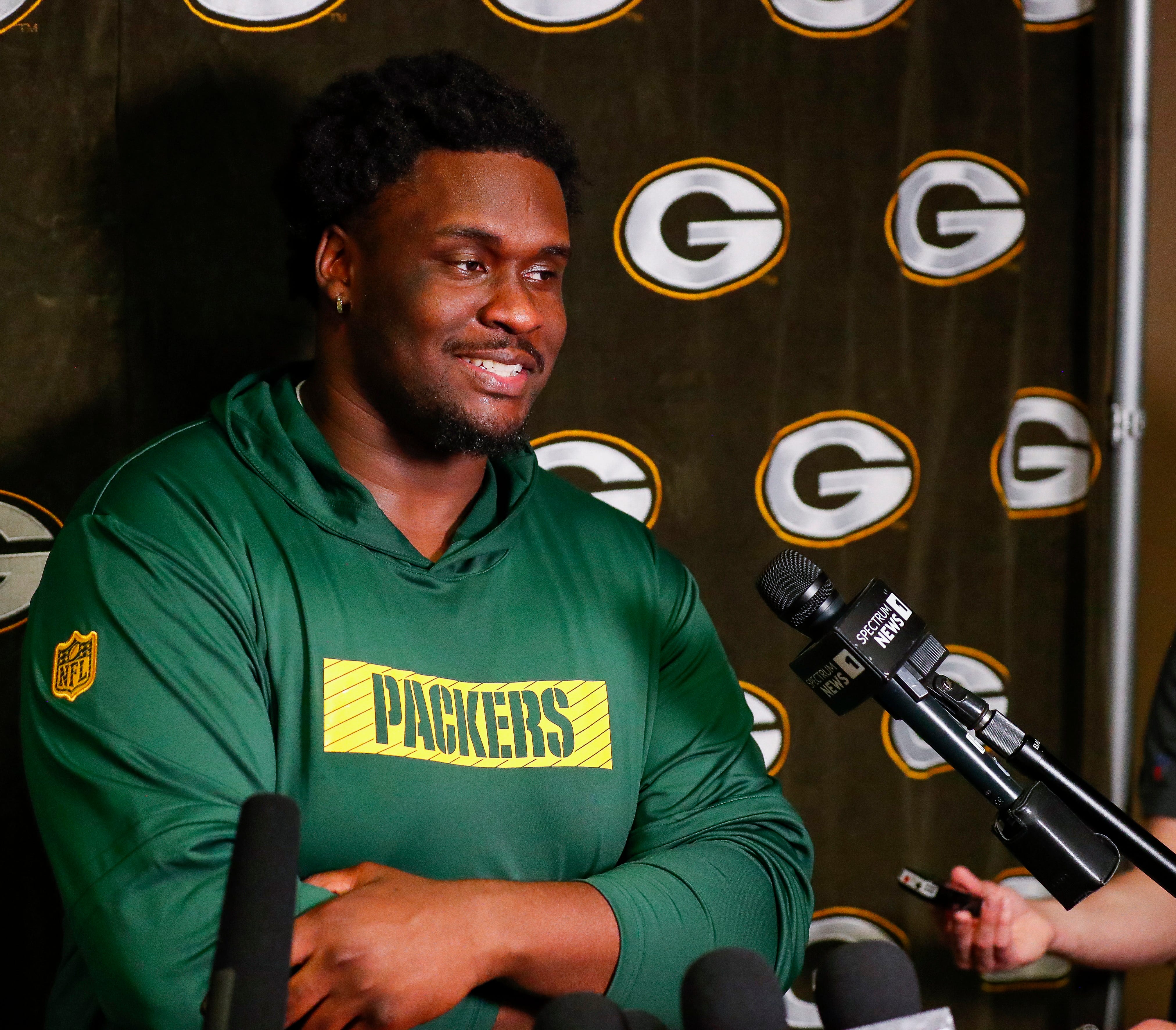 Green Bay Packers rookie offensive tackle Anthony Belton is interviewed by the media during rookie minicamp on Friday, May 2, 2025, at Lambeau Field in Green Bay, Wisconsin. The Packers selected Belton with their second round pick in the 2025 NFL Draft.