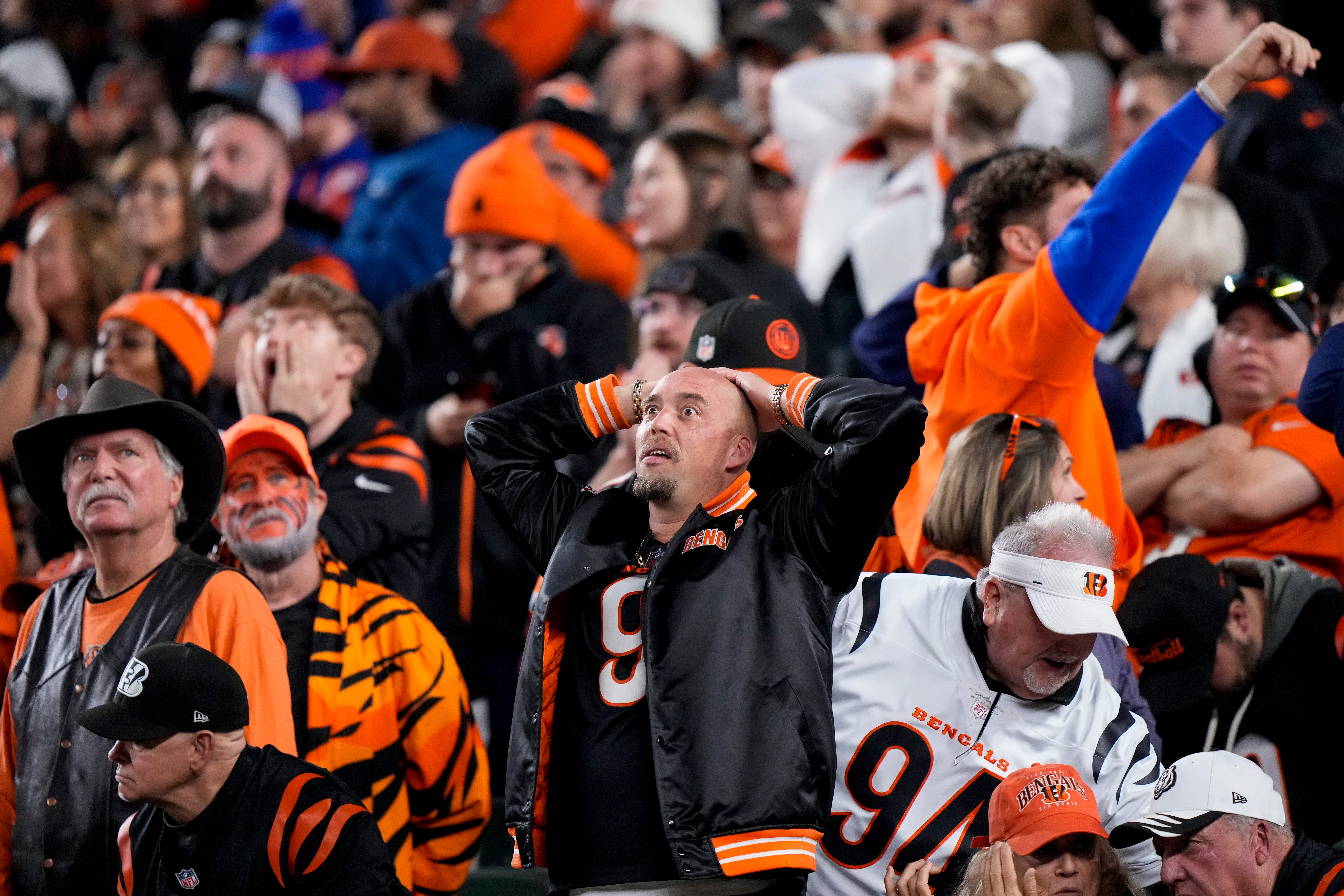 Fans reacts as a Cincinnati Bengals place kicker Cade York (3) field goal attempt is no-good in overtime of the NFL Week 17 game between the Cincinnati Bengals and the Denver Broncos at Paycor Stadium in downtown Cincinnati on Saturday, Dec. 28, 2024. The Bengals took a 30-24 win in overtime to remain in the post season chase.