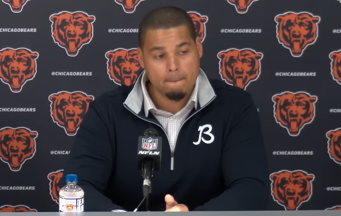 Chicago Bears general manager Ryan Poles speaks with the media.