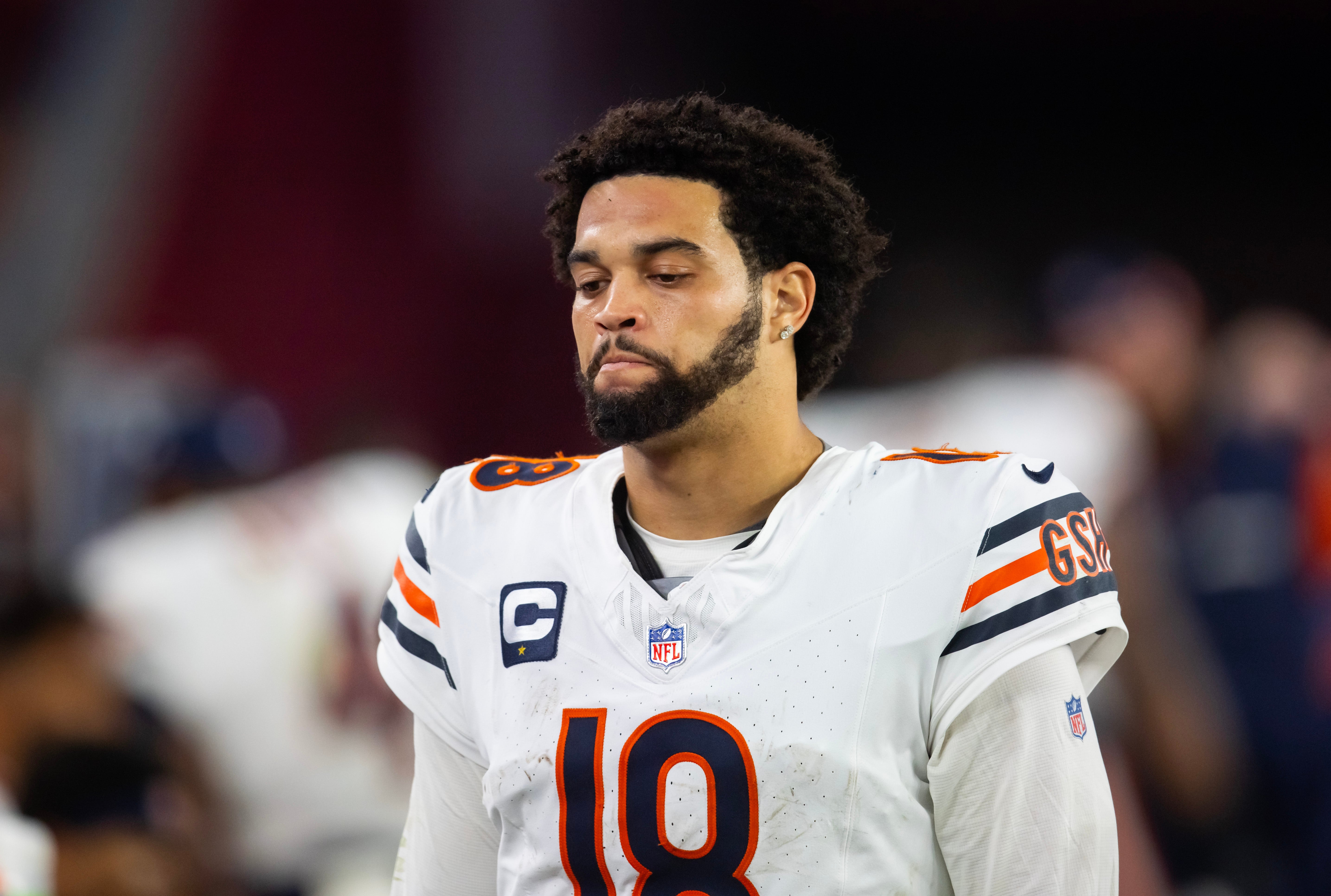Nov 3, 2024; Glendale, Arizona, USA; Chicago Bears quarterback Caleb Williams (18) reacts against the Arizona Cardinals at State Farm Stadium.