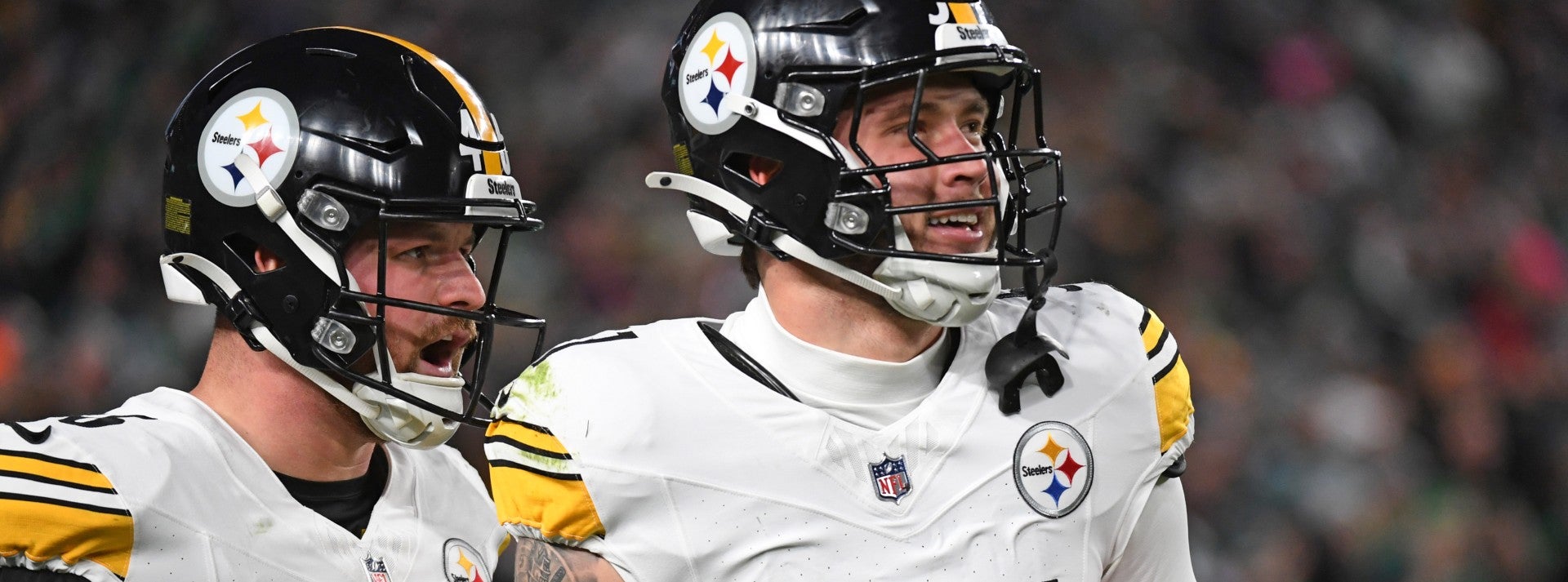 Dec 15, 2024; Philadelphia, Pennsylvania, USA; Pittsburgh Steelers long snapper Christian Kuntz (46) and linebacker Nick Herbig (51) against the Philadelphia Eagles at Lincoln Financial Field.